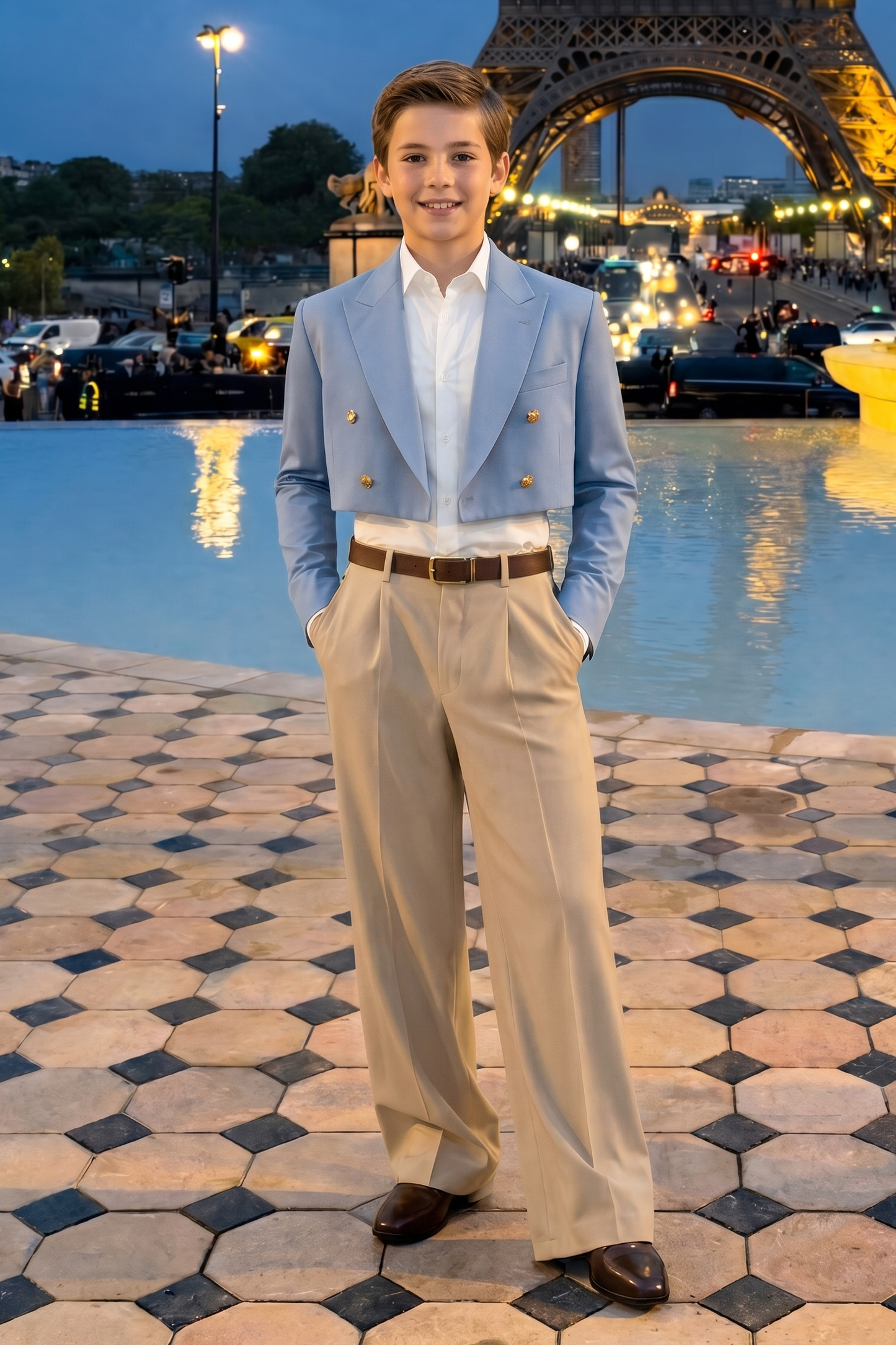 Blue And Khaki Serge Short Suit 2-Piece Set