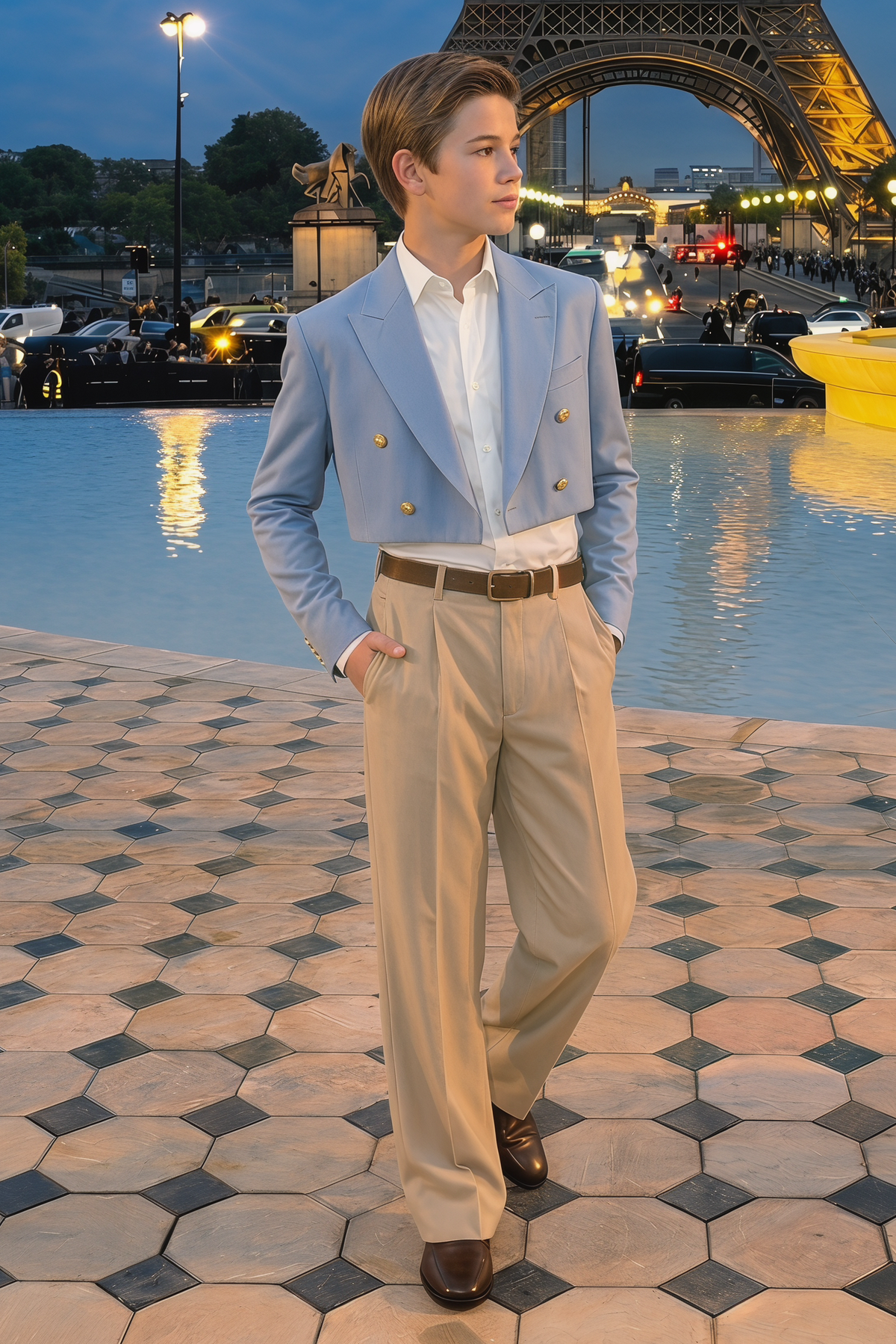 Blue And Khaki Serge Short Suit 2-Piece Set