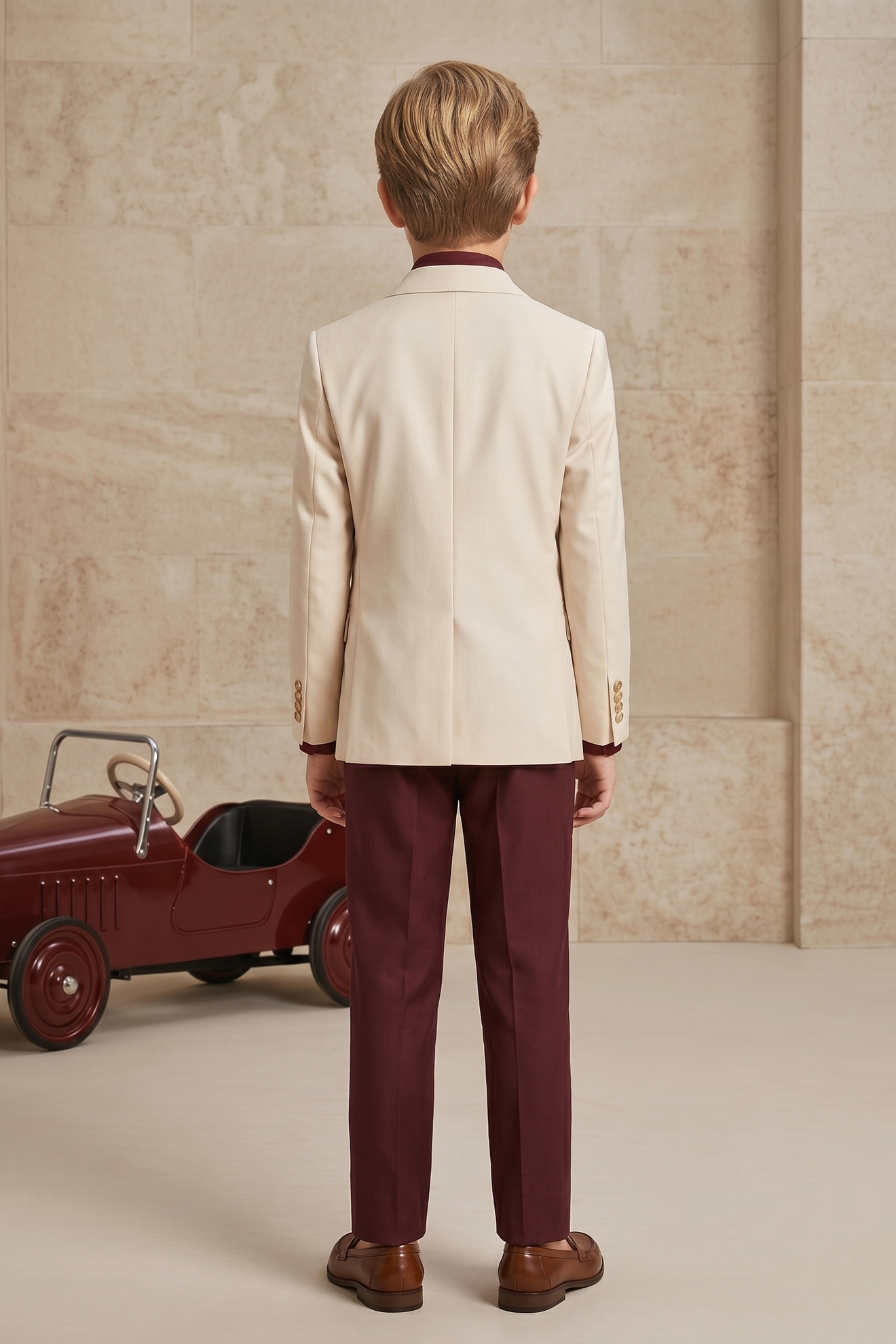 Beige And Dark Red Color-Blocked 2-Piece Suit