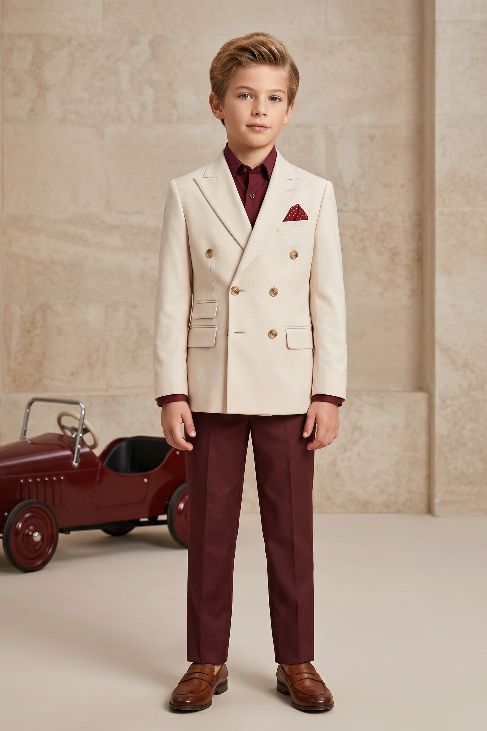 Beige And Dark Red Color-Blocked 2-Piece Suit
