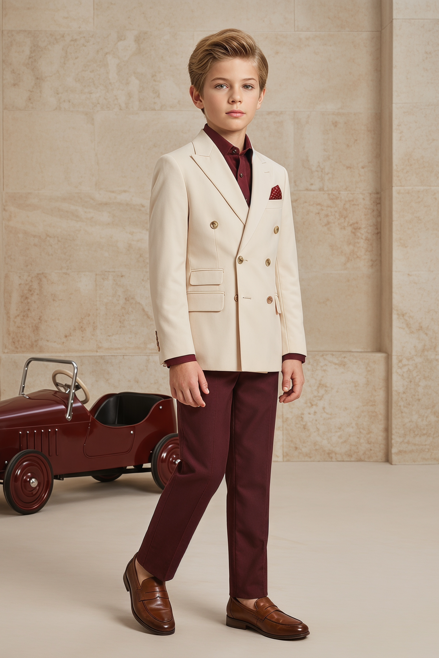 Beige And Dark Red Color-Blocked 2-Piece Suit
