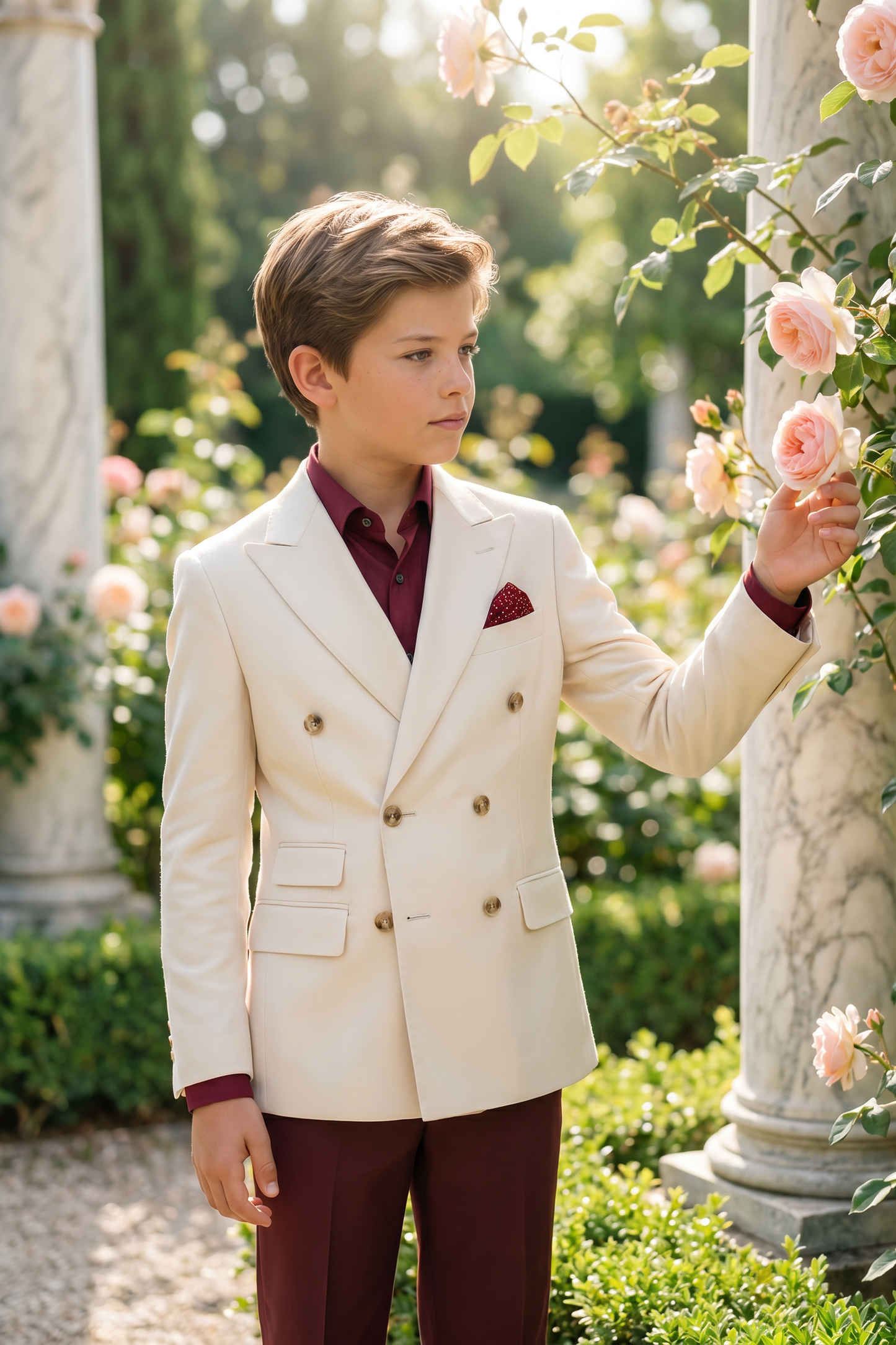 Beige And Dark Red Color-Blocked 2-Piece Suit