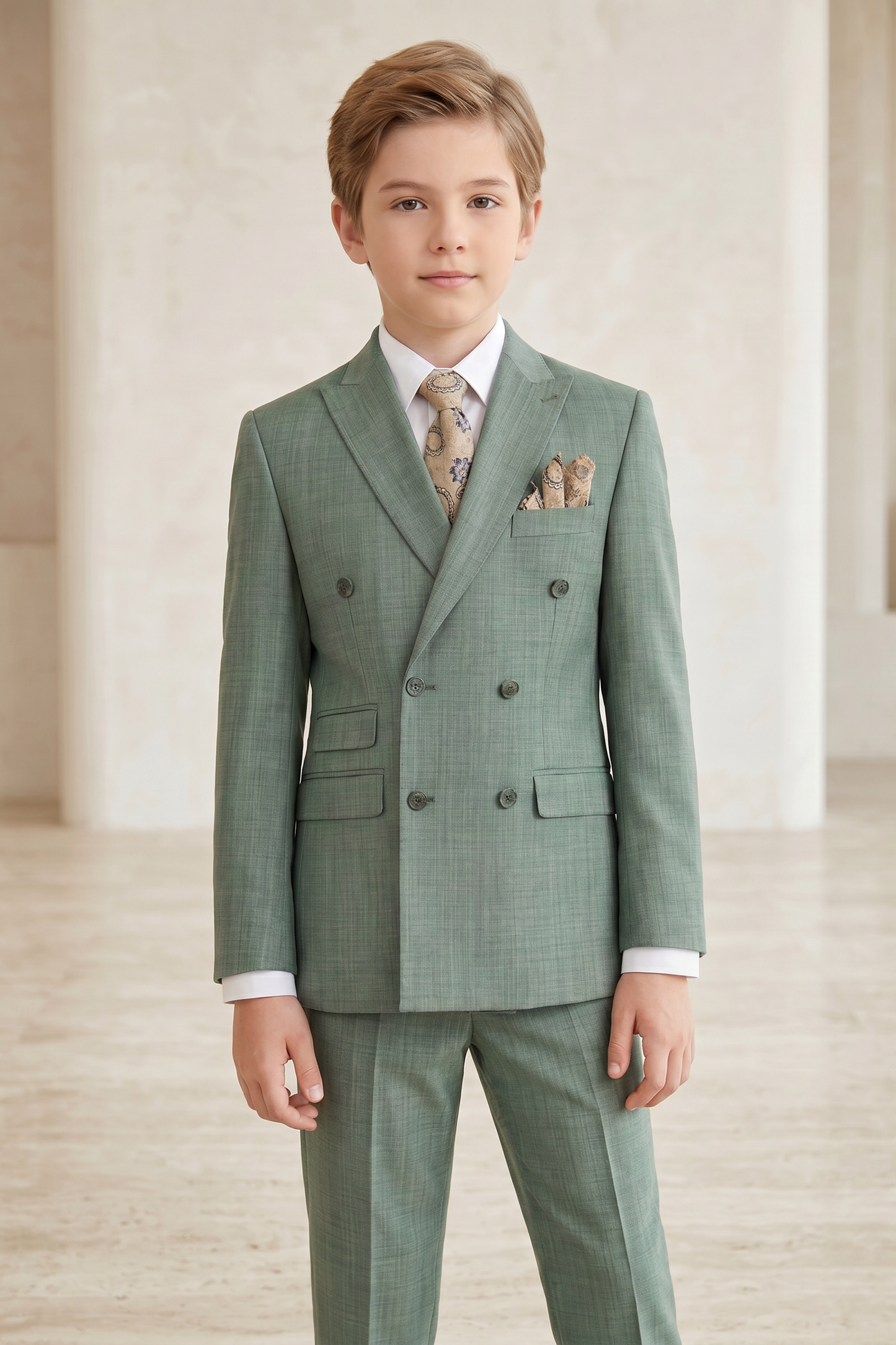 Gray-Green Cotton-Linen Double-Breasted 2-Piece Suit