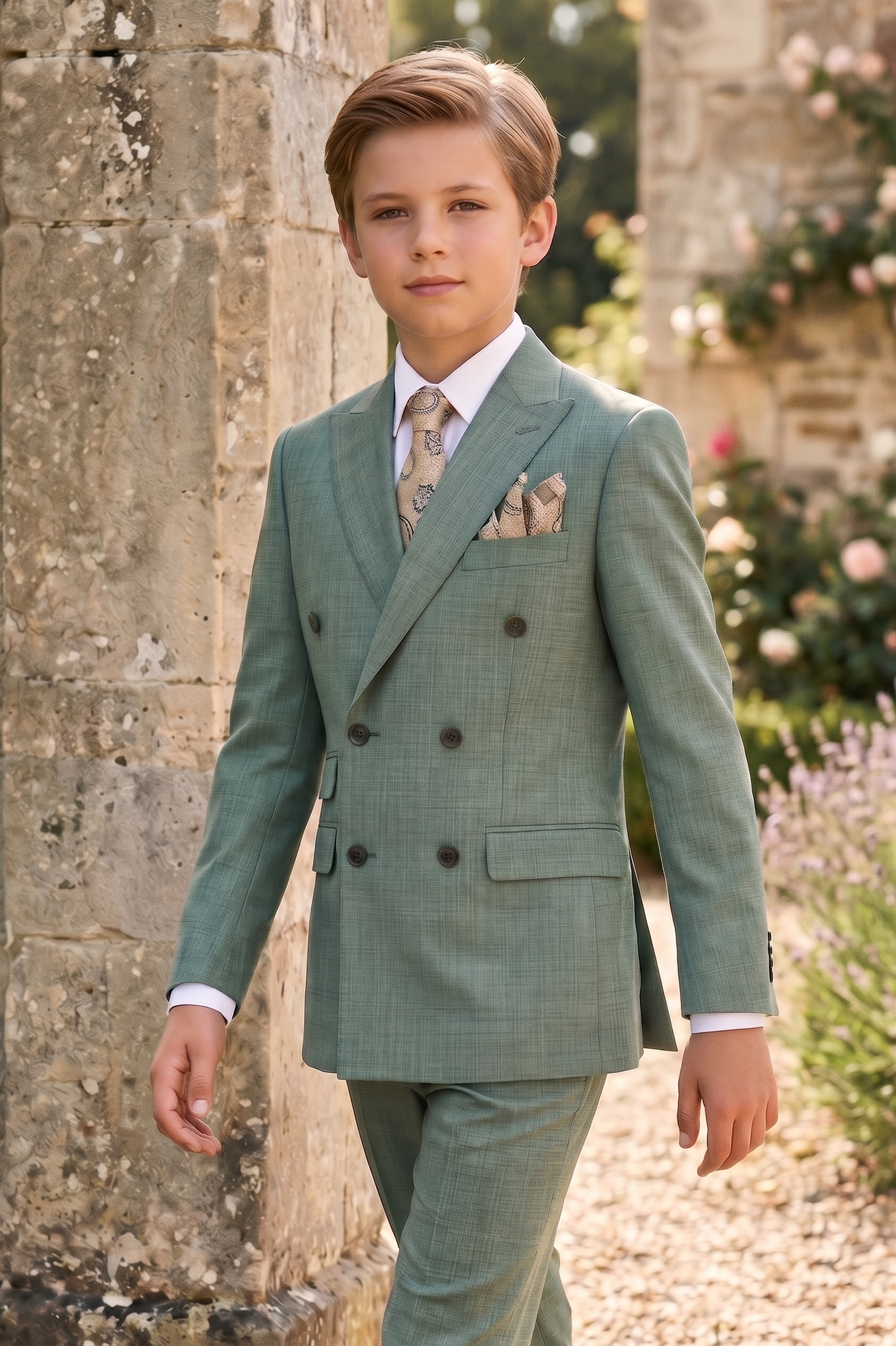 Gray-Green Cotton-Linen Double-Breasted 2-Piece Suit