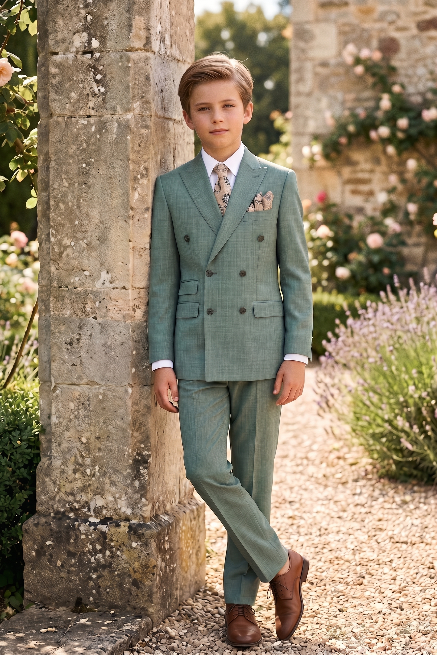 Gray-Green Cotton-Linen Double-Breasted 2-Piece Suit