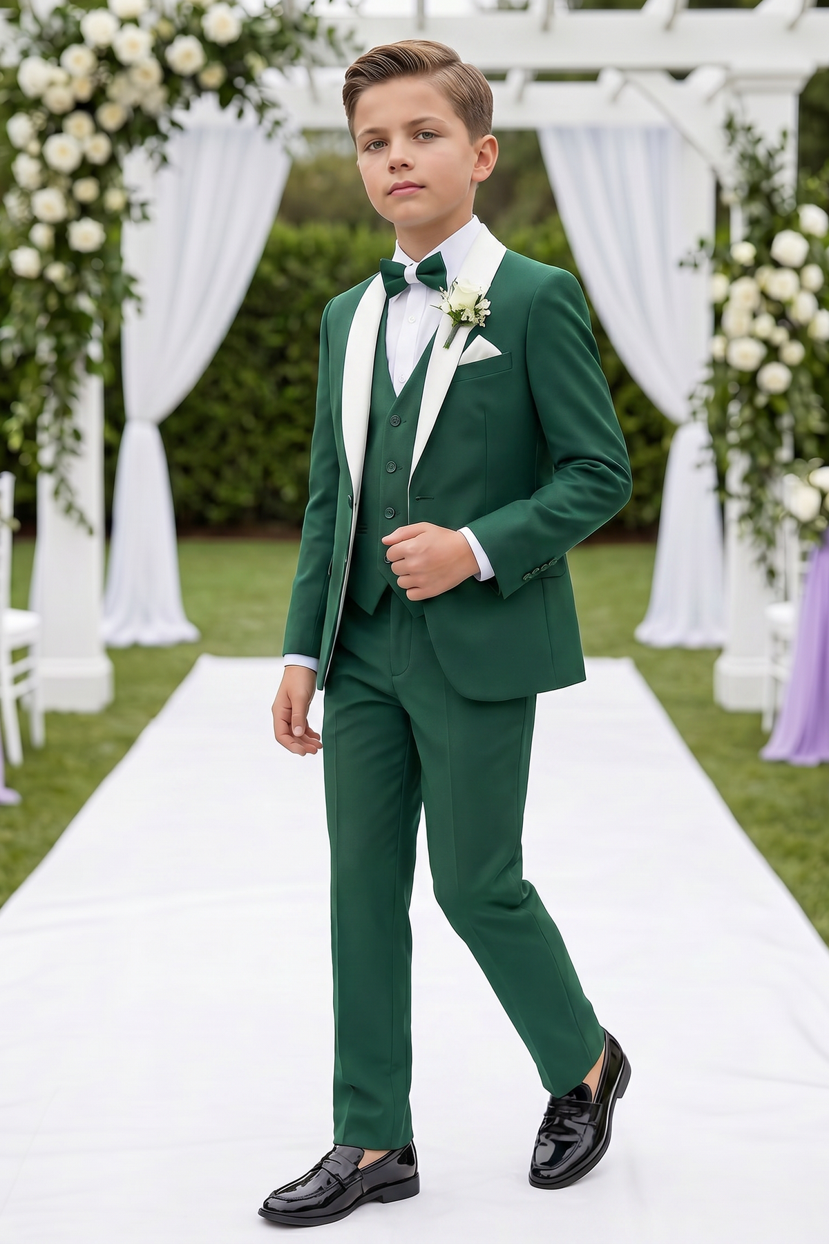 Deep Green And White Color-block Serge 3-Piece Suit