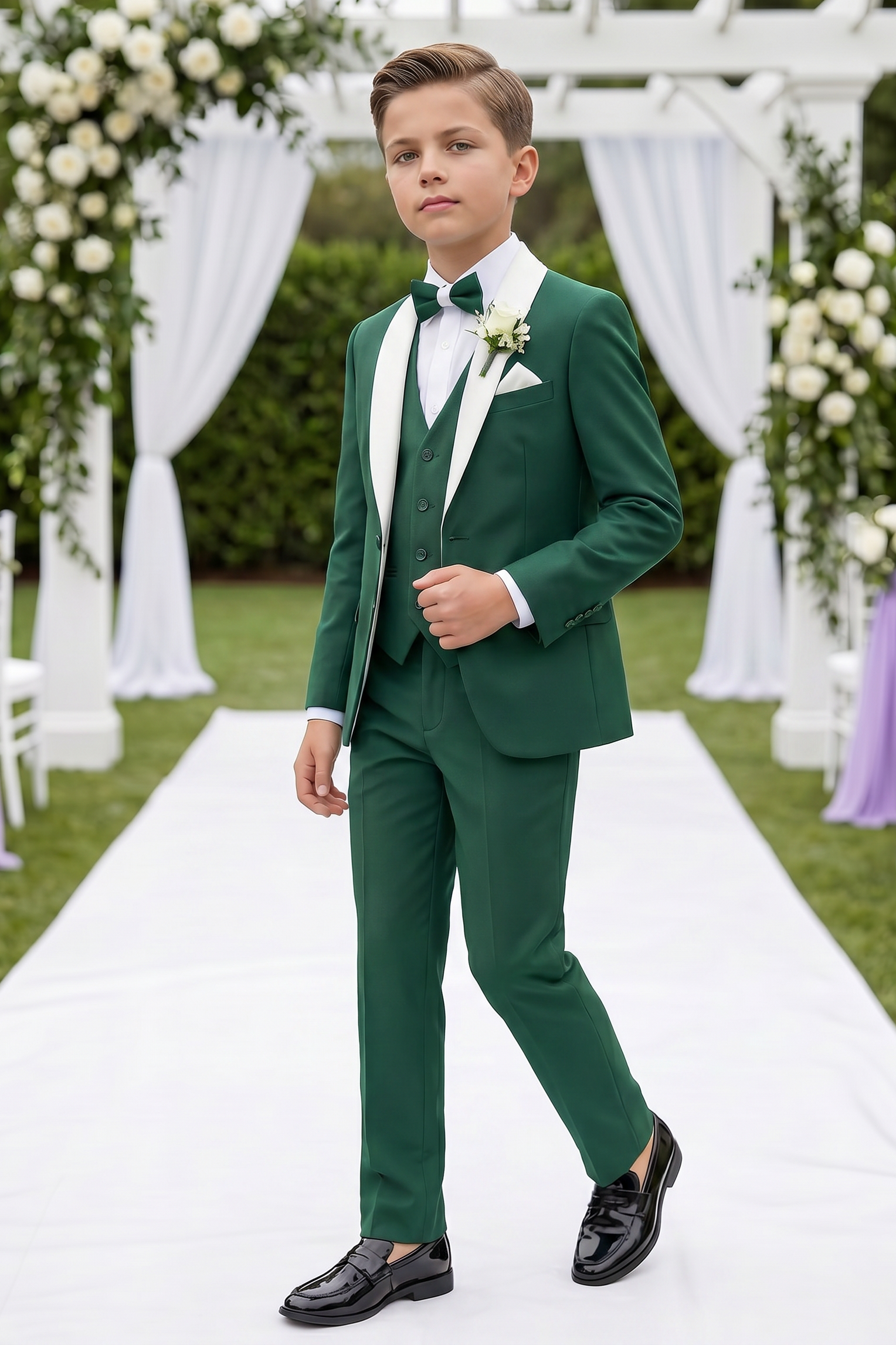 Deep Green And White Color-block Serge 3-Piece Suit