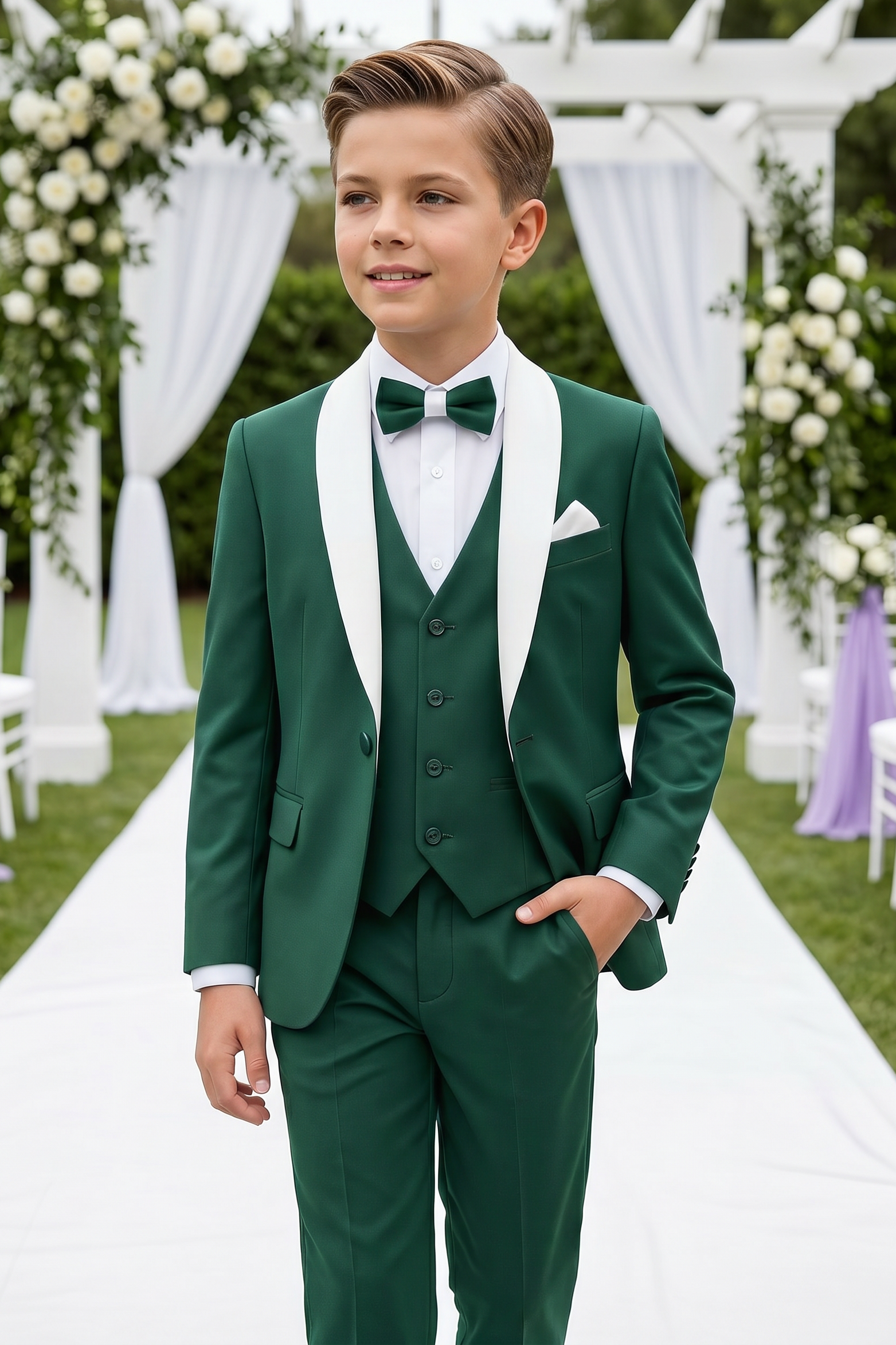 Deep Green And White Color-block Serge 3-Piece Suit