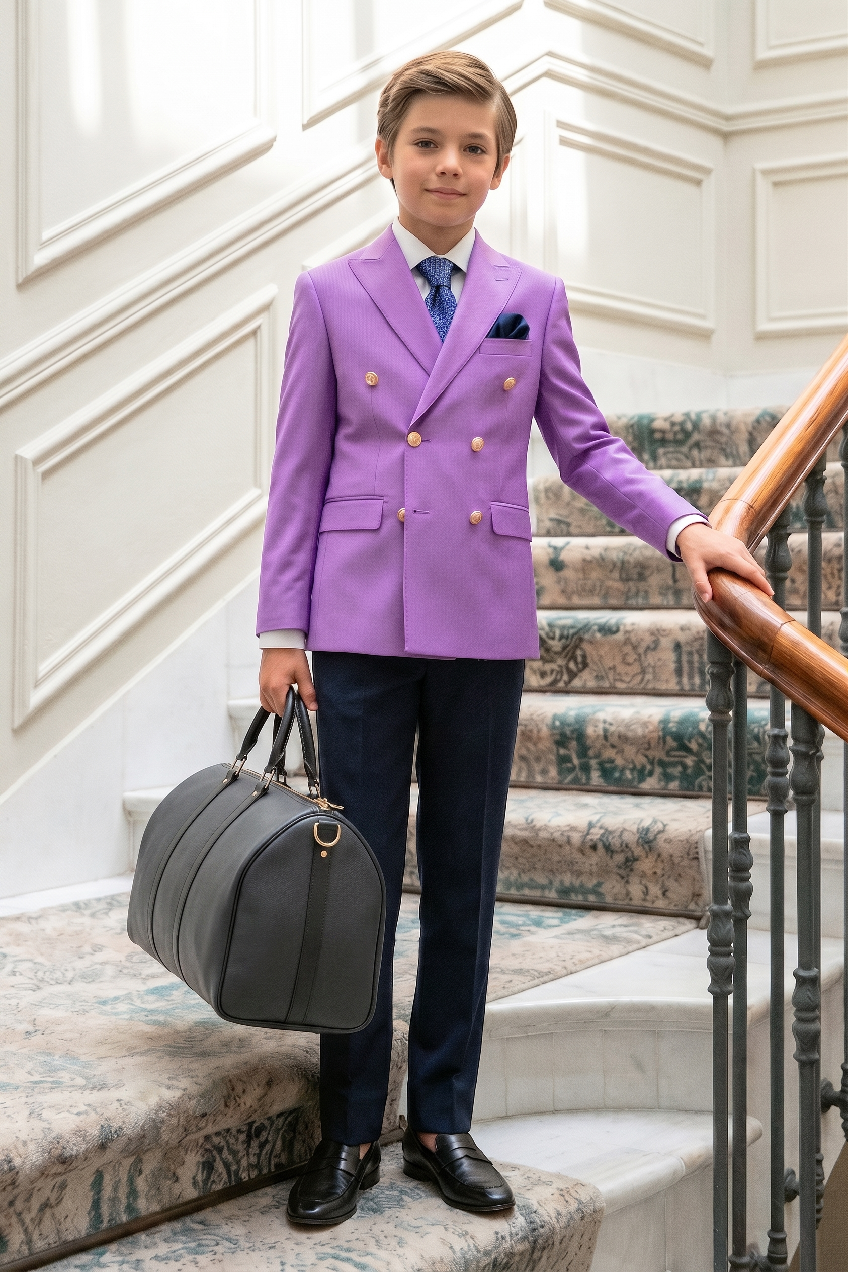 Purple And Navy Blue Color-Block Serge 2-Piece Suit