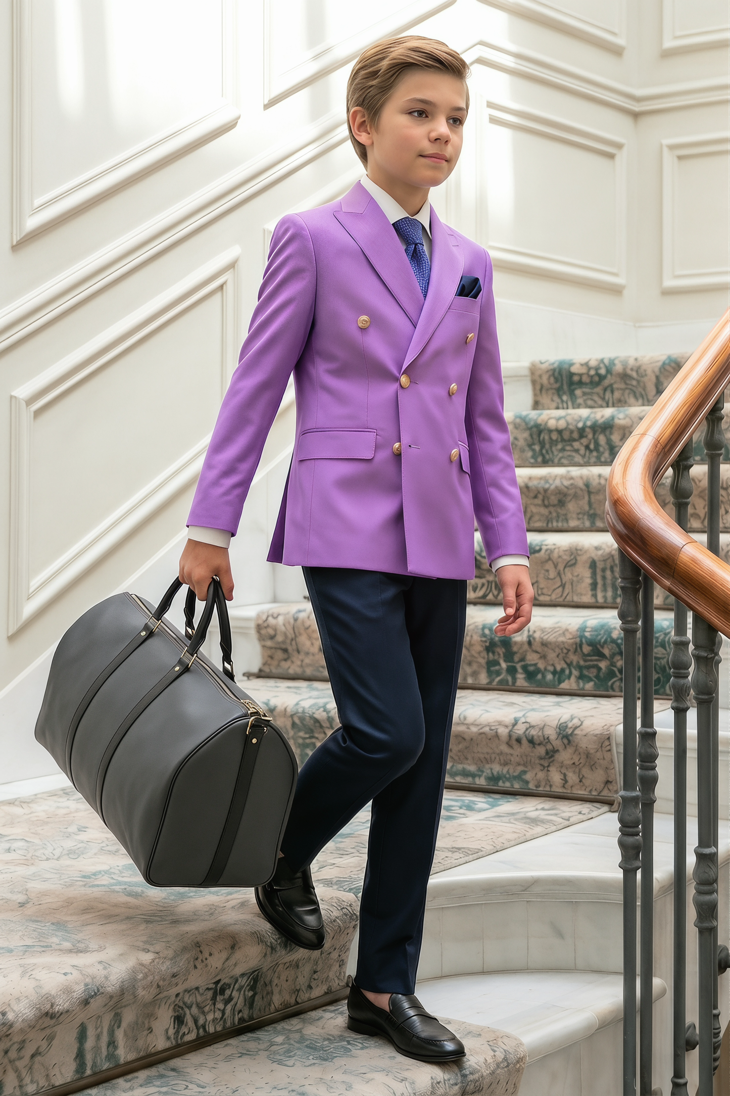 Purple And Navy Blue Color-Block Serge 2-Piece Suit