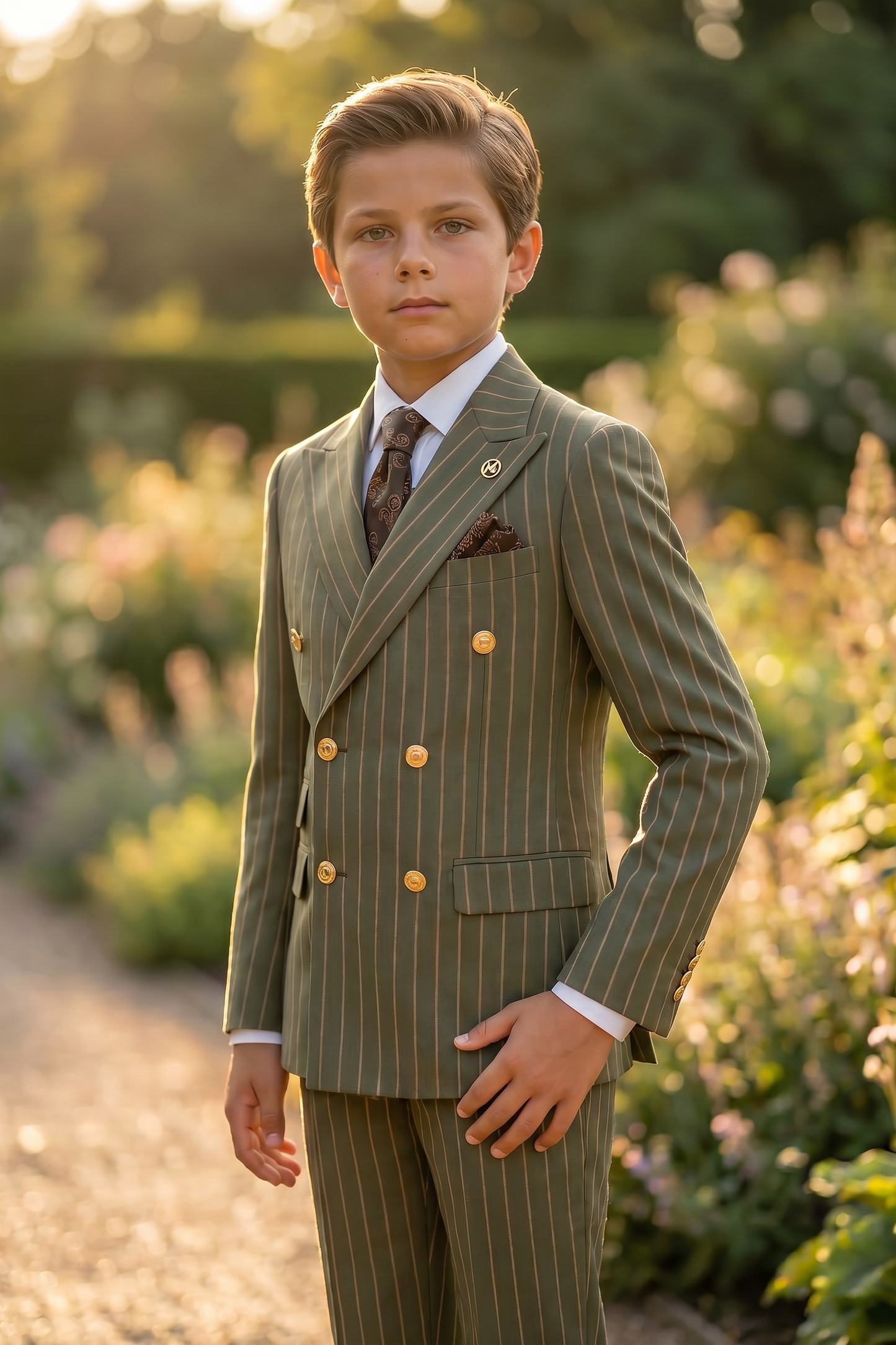 Olive Green And Gold Pinstripe Double-Breasted 2-Piece Suit