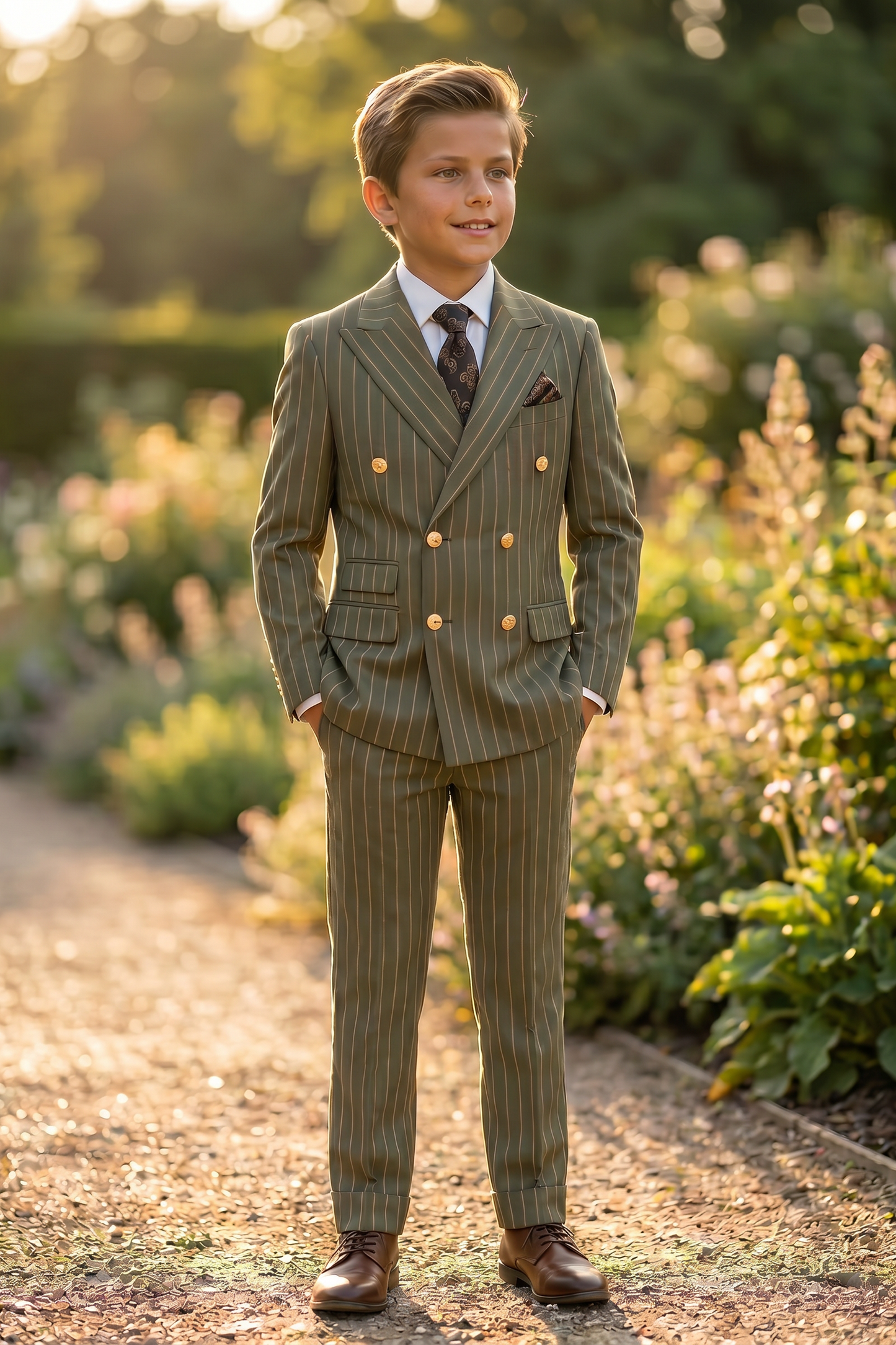 Olive Green And Gold Pinstripe Double-Breasted 2-Piece Suit