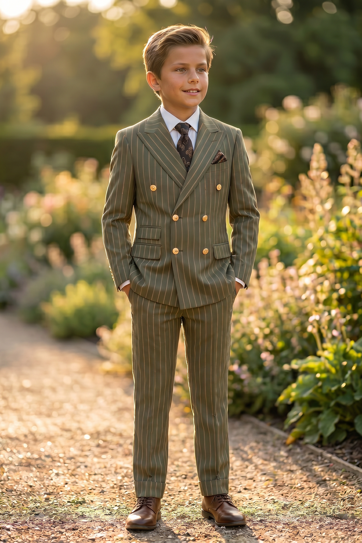 Olive Green And Gold Pinstripe Double-Breasted 2-Piece Suit