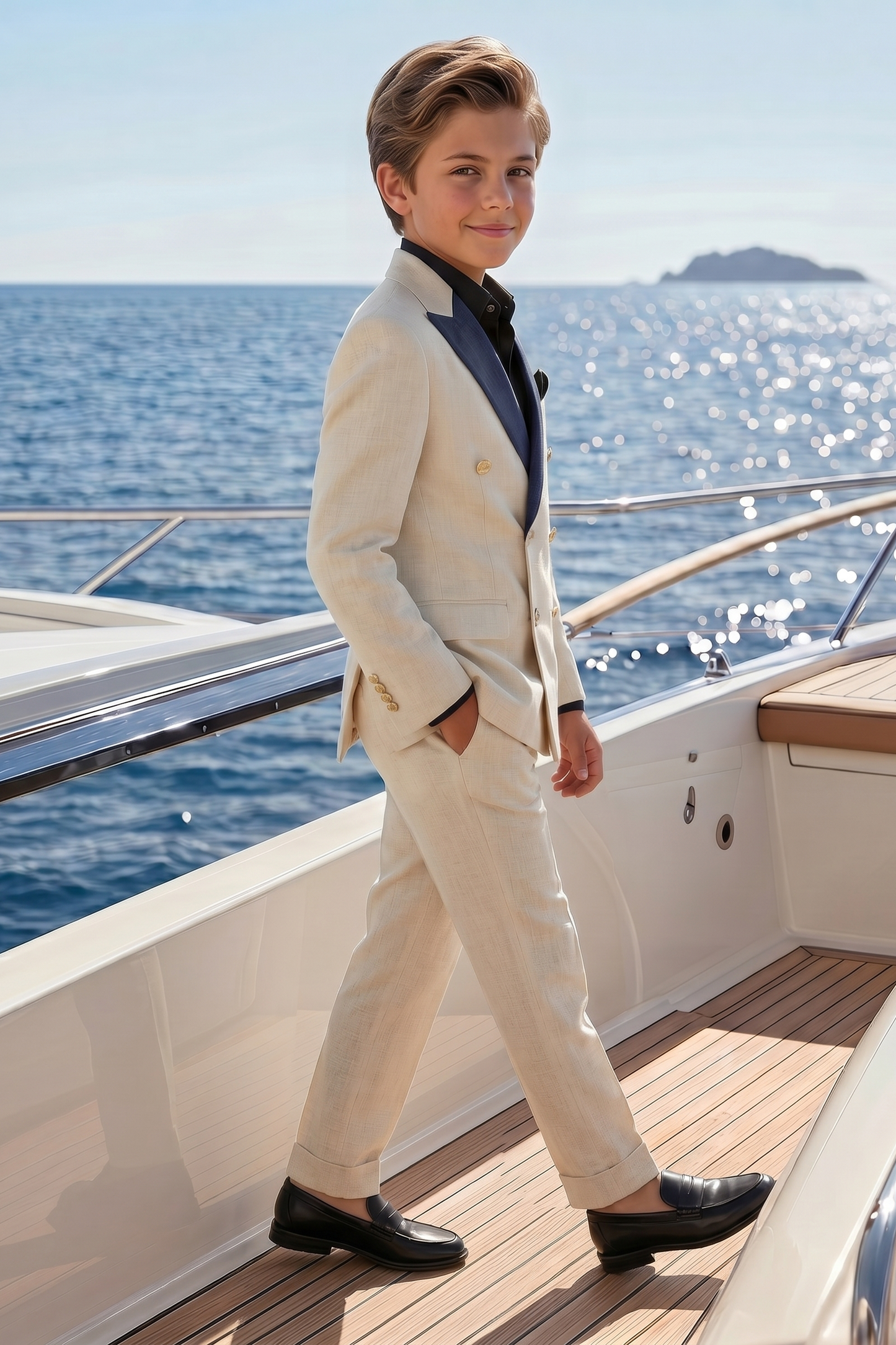 Beige And Navy Lapel Linen-Blend Double-Breasted 2-Piece Suit