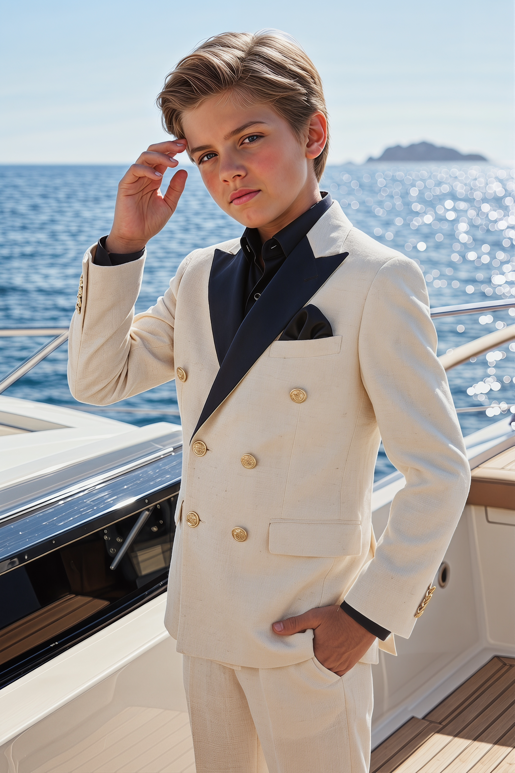 Beige And Navy Lapel Linen-Blend Double-Breasted 2-Piece Suit