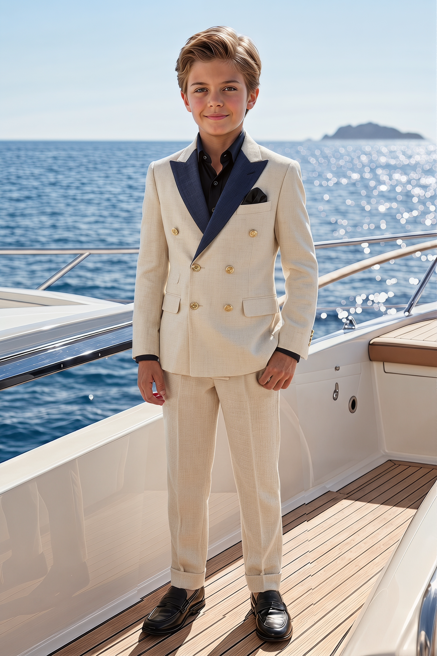 Beige And Navy Lapel Linen-Blend Double-Breasted 2-Piece Suit