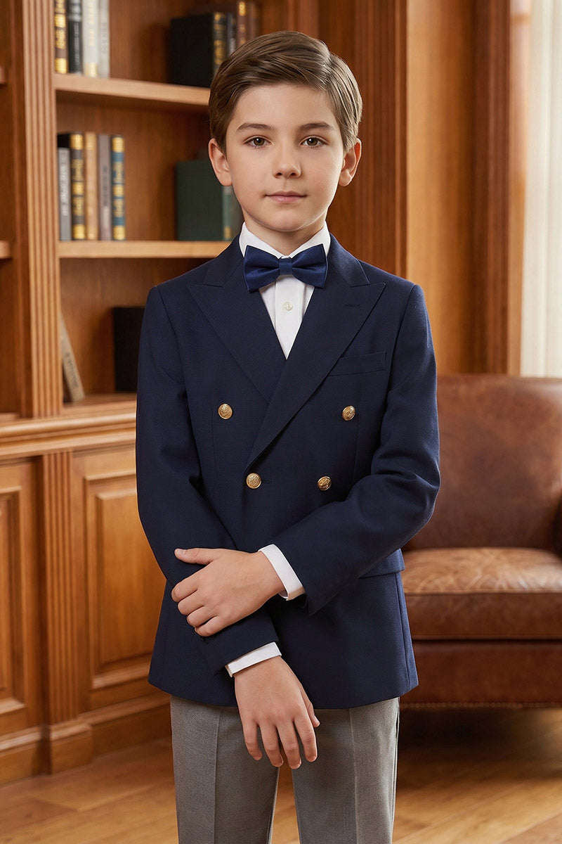 Boys Navy Double-Breasted Blazer with Grey Trousers  2-Piece Suit