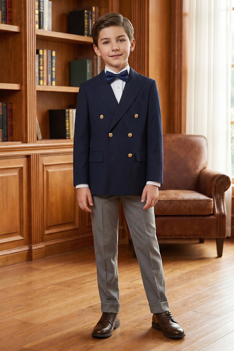 Boys Navy Double-Breasted Blazer with Grey Trousers  2-Piece Suit