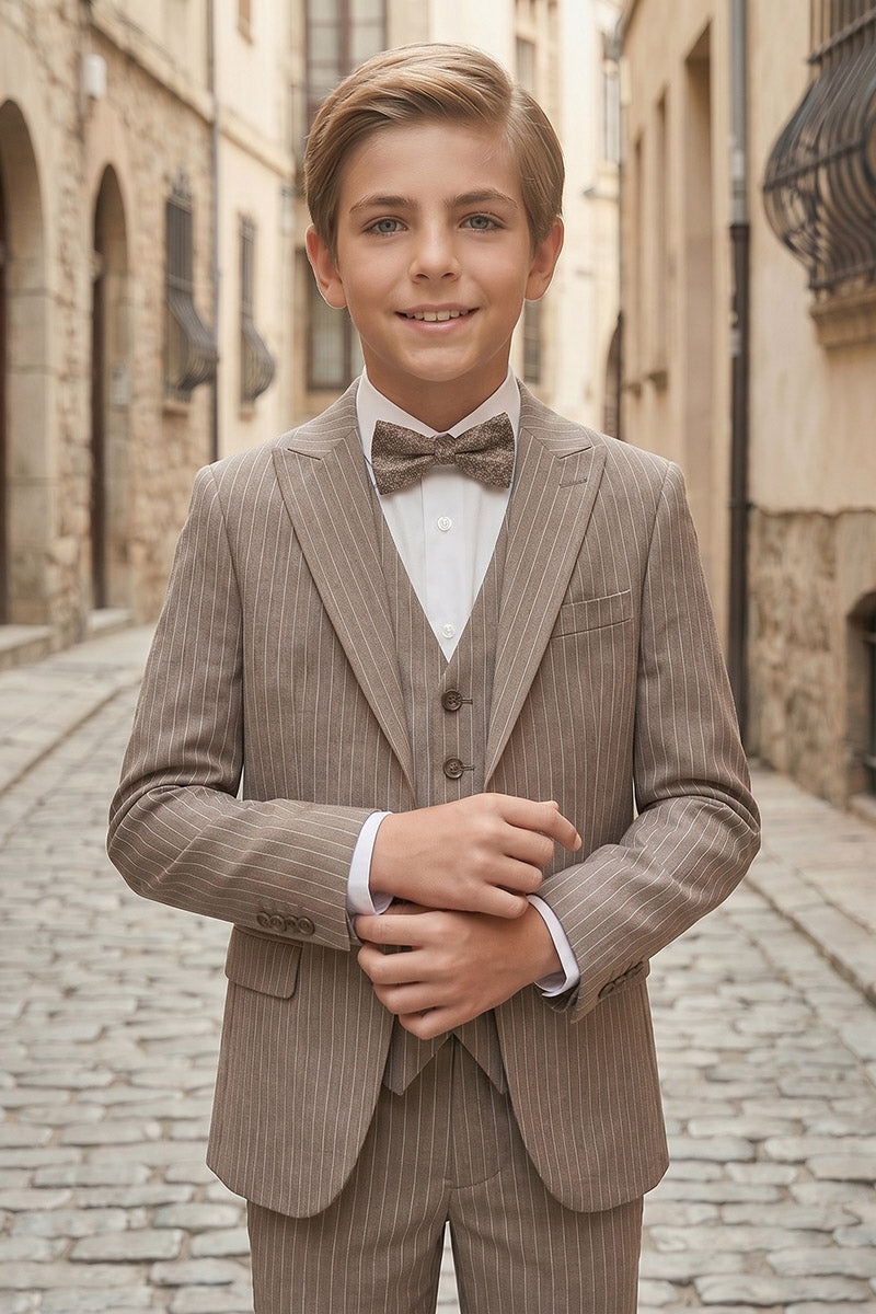 Boys Brown Pinstripe 3-Piece Suit for Weddings & Formal Events