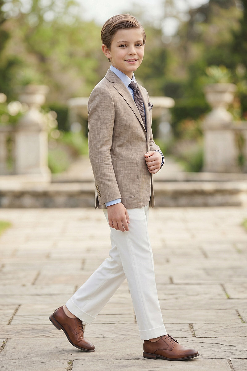Boys Brown Linen-Blend Blazer with White Trousers 2-Piece Suit