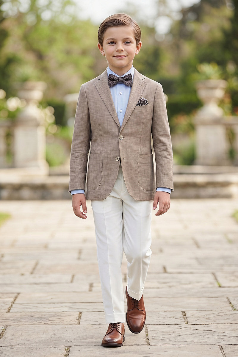 Boys Brown Linen-Blend Blazer with White Trousers 2-Piece Suit