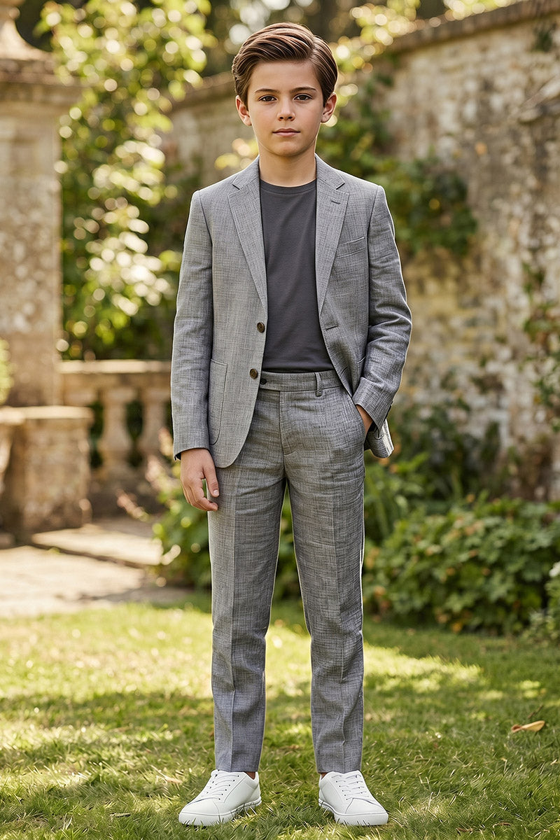 Boys Grey Linen-Blend 2-Piece Suit for Casual Formal Events & Weddings