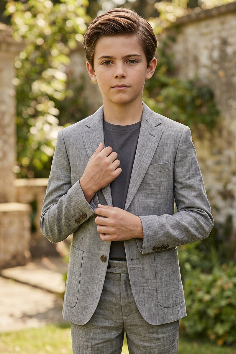 Boys Grey Linen-Blend 2-Piece Suit for Casual Formal Events & Weddings