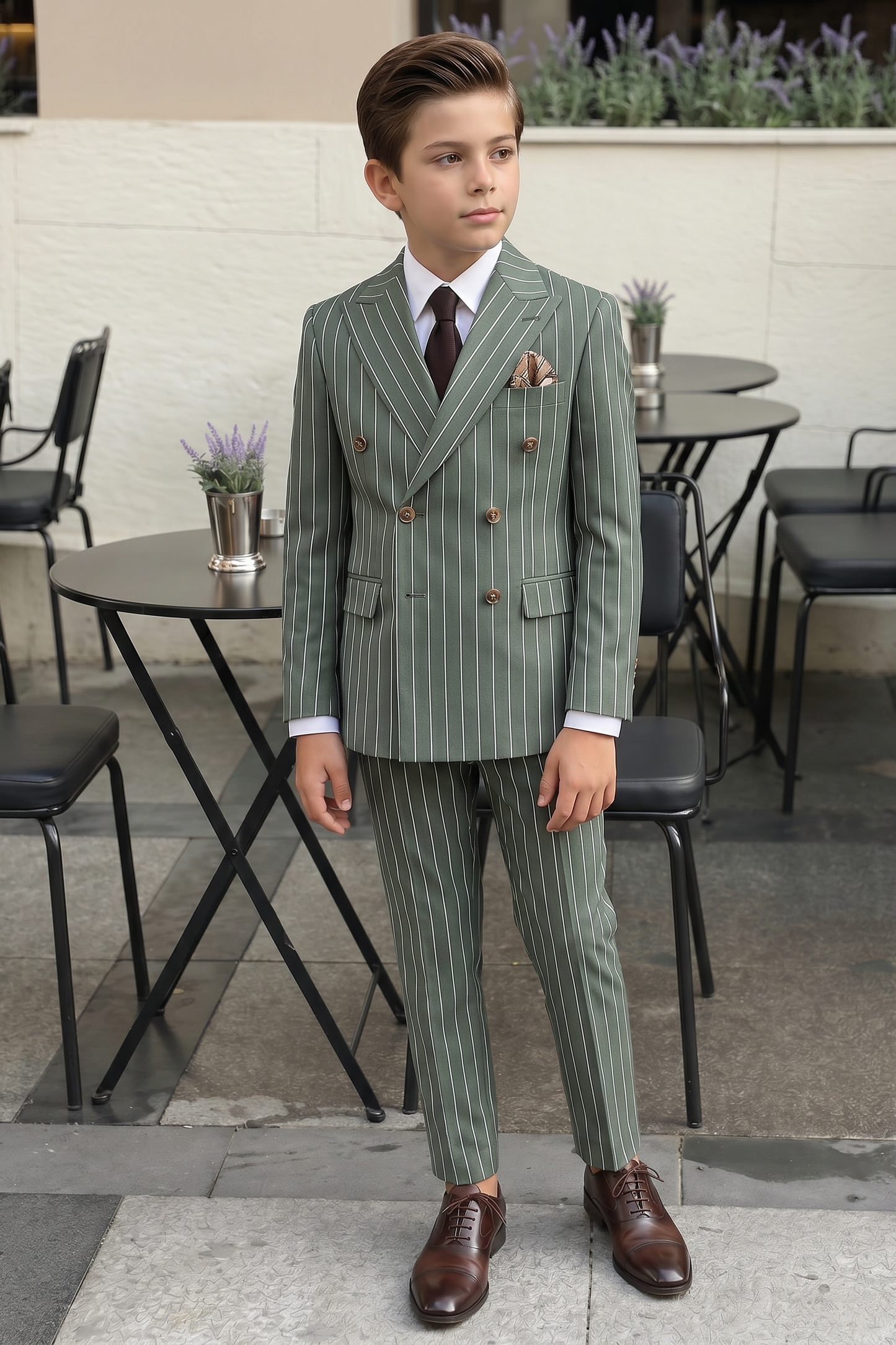 Olive Green Striped Double-Breasted 2-Piece Suit