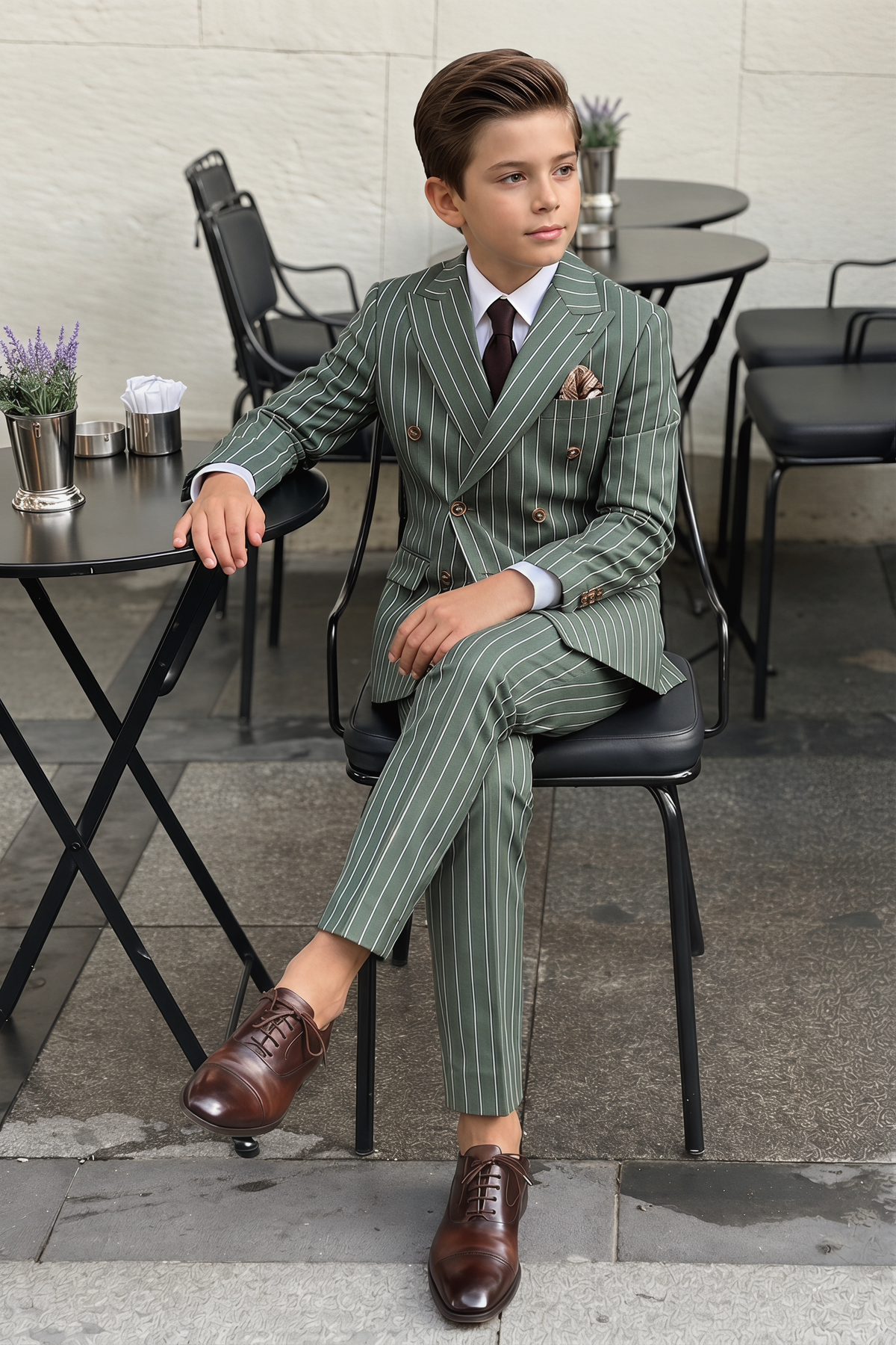 Olive Green Striped Double-Breasted 2-Piece Suit