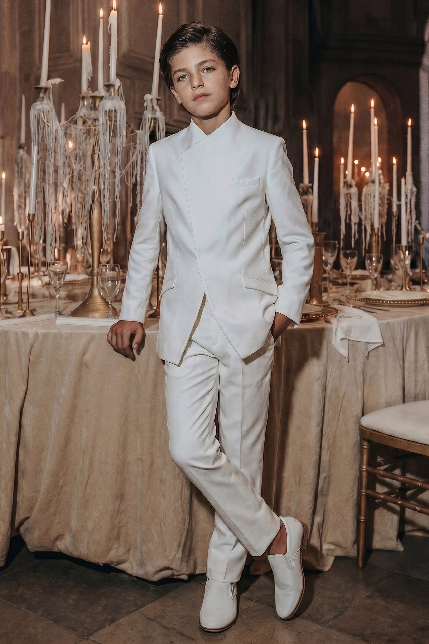 White Crew Neck Serge Concealed Buttons 2-Piece Suit