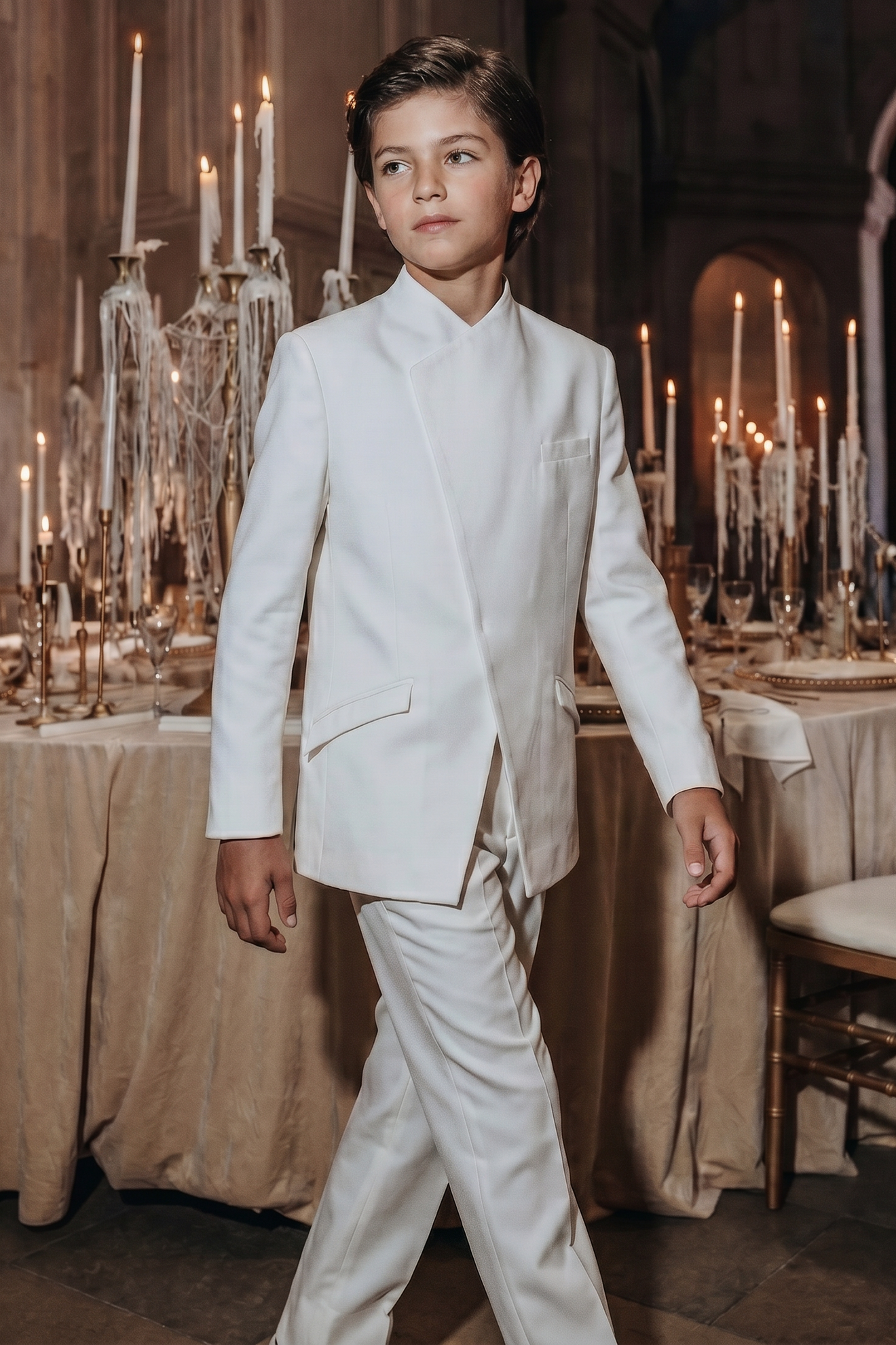 White Crew Neck Serge Concealed Buttons 2-Piece Suit