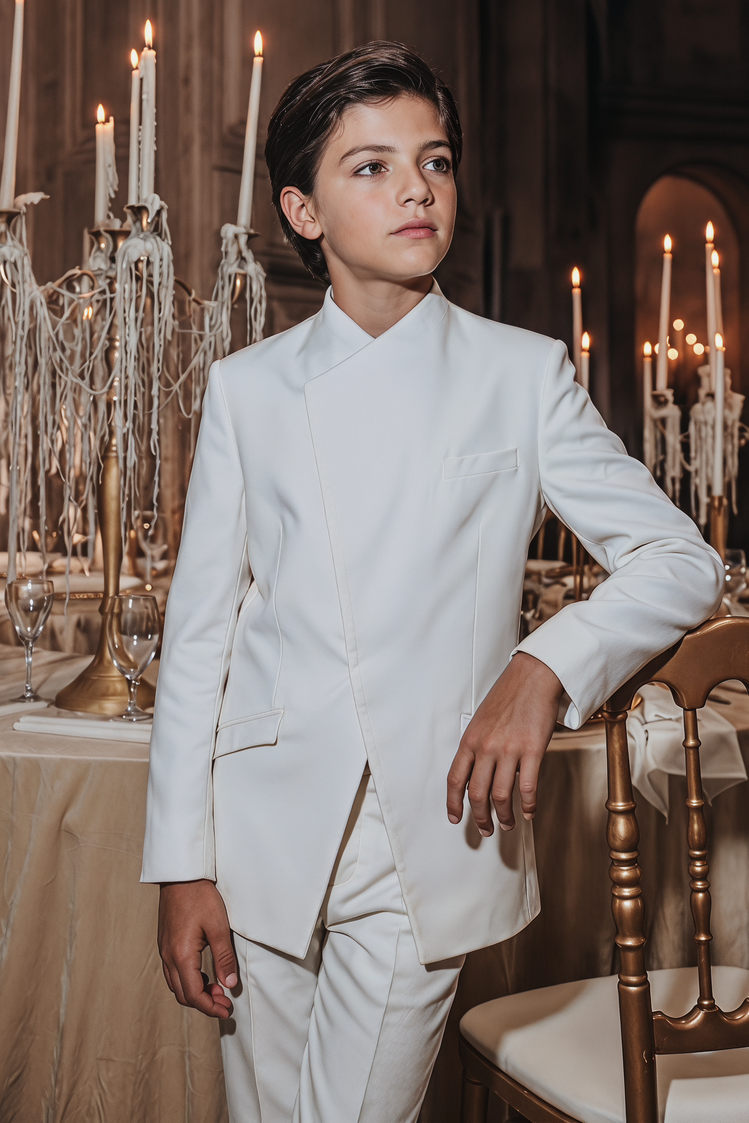 White Crew Neck Serge Concealed Buttons 2-Piece Suit