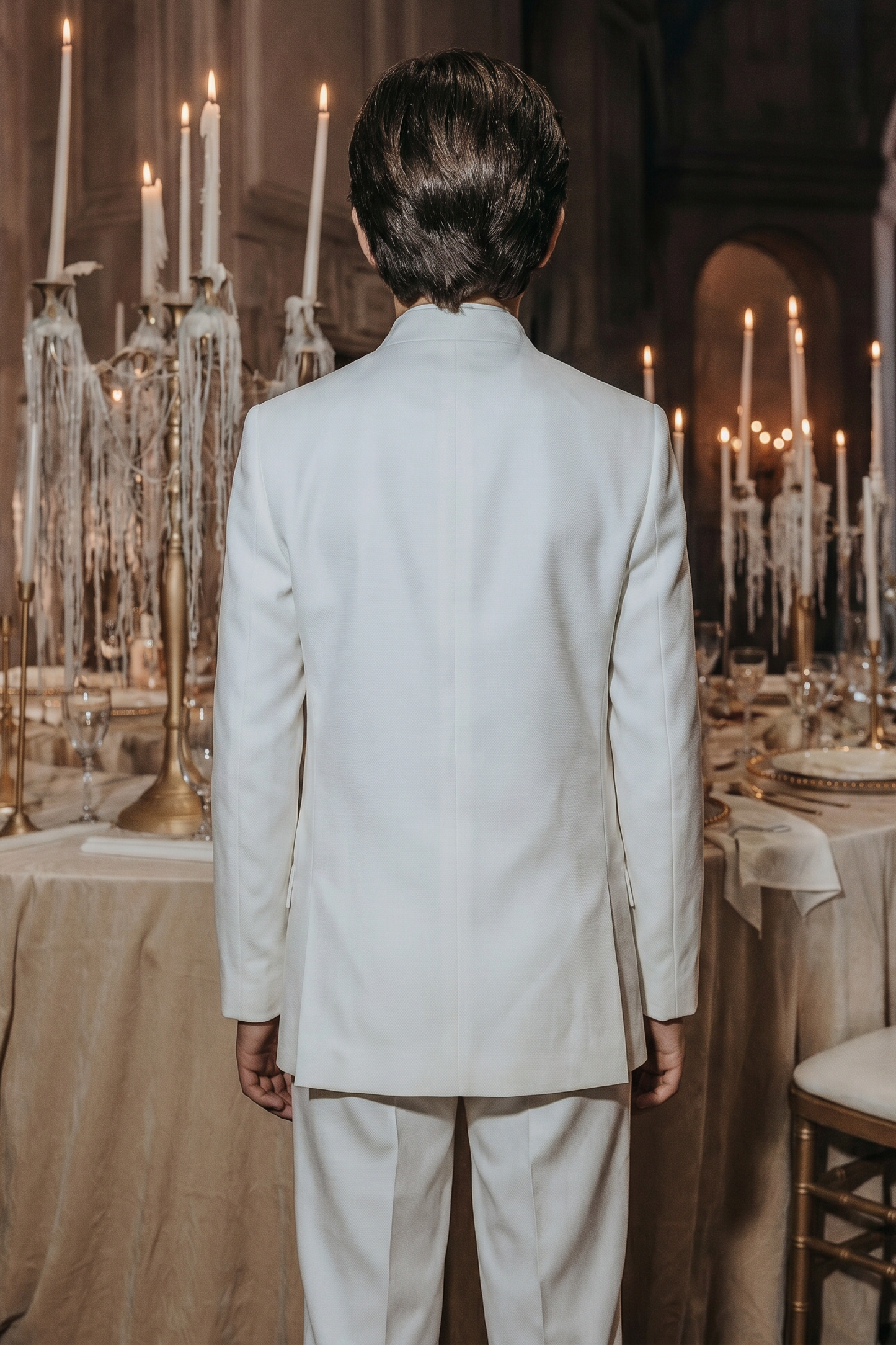 White Crew Neck Serge Concealed Buttons 2-Piece Suit