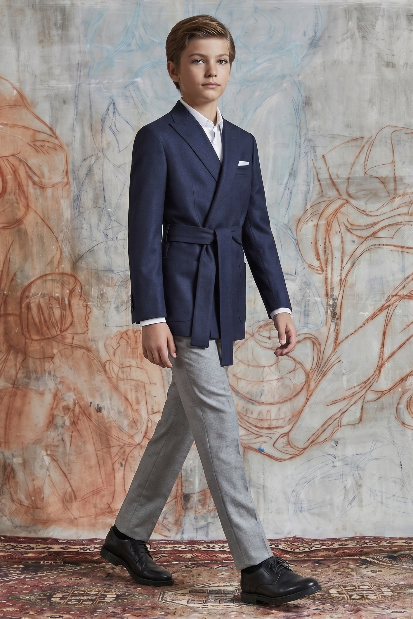 Navy Blue And Gray Cotton Linen Belted 2-Piece Suit