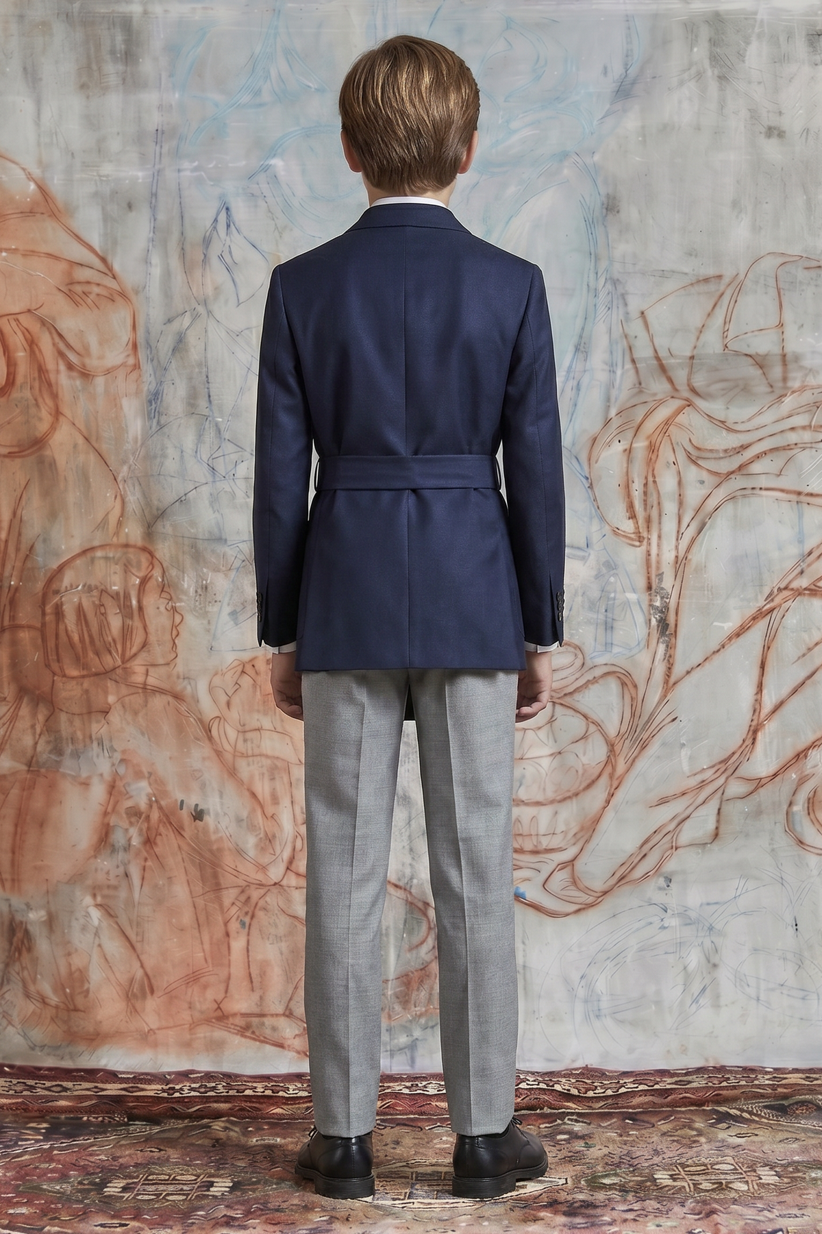 Navy Blue And Gray Cotton Linen Belted 2-Piece Suit