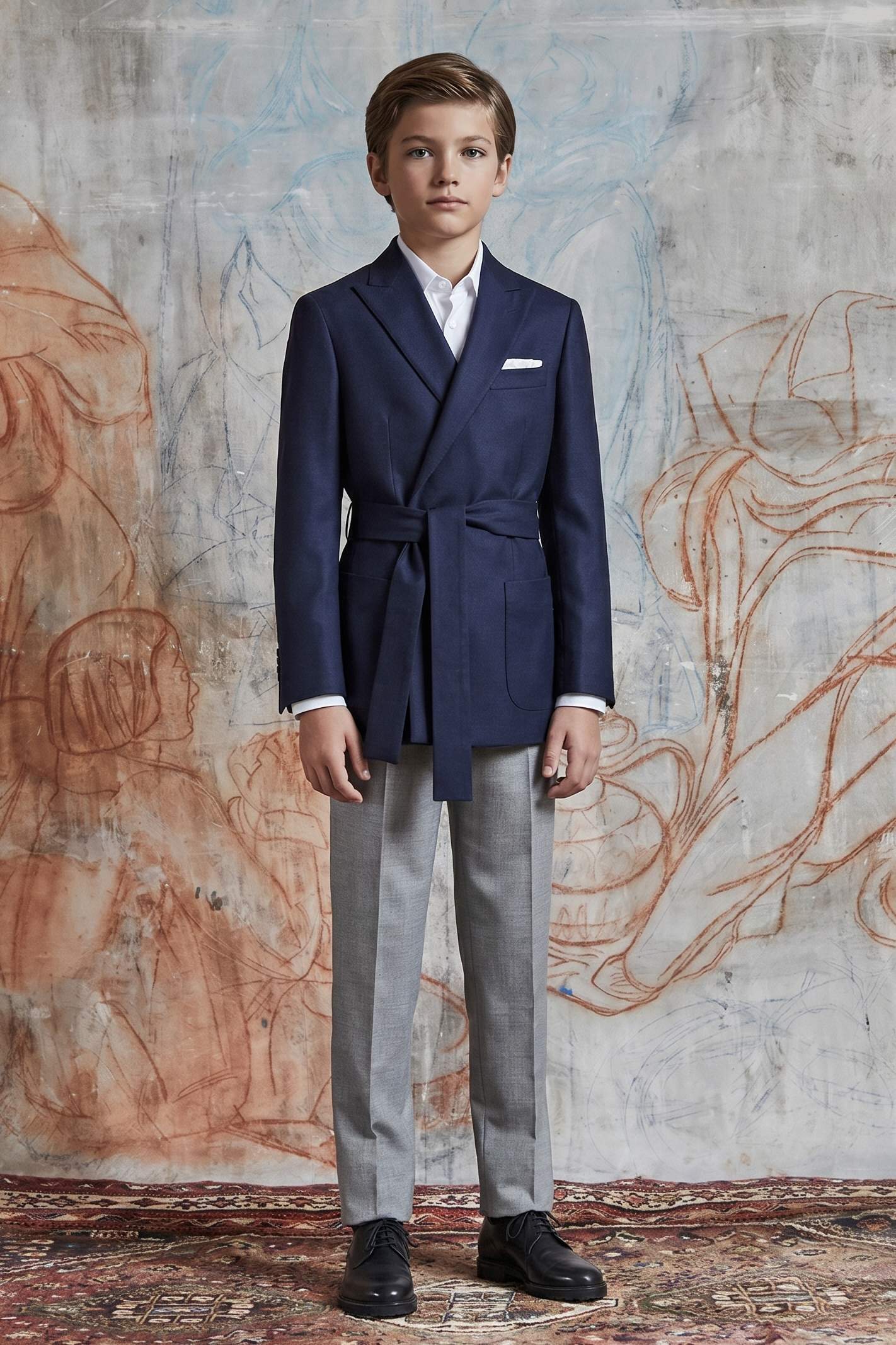 Navy Blue And Gray Cotton Linen Belted 2-Piece Suit