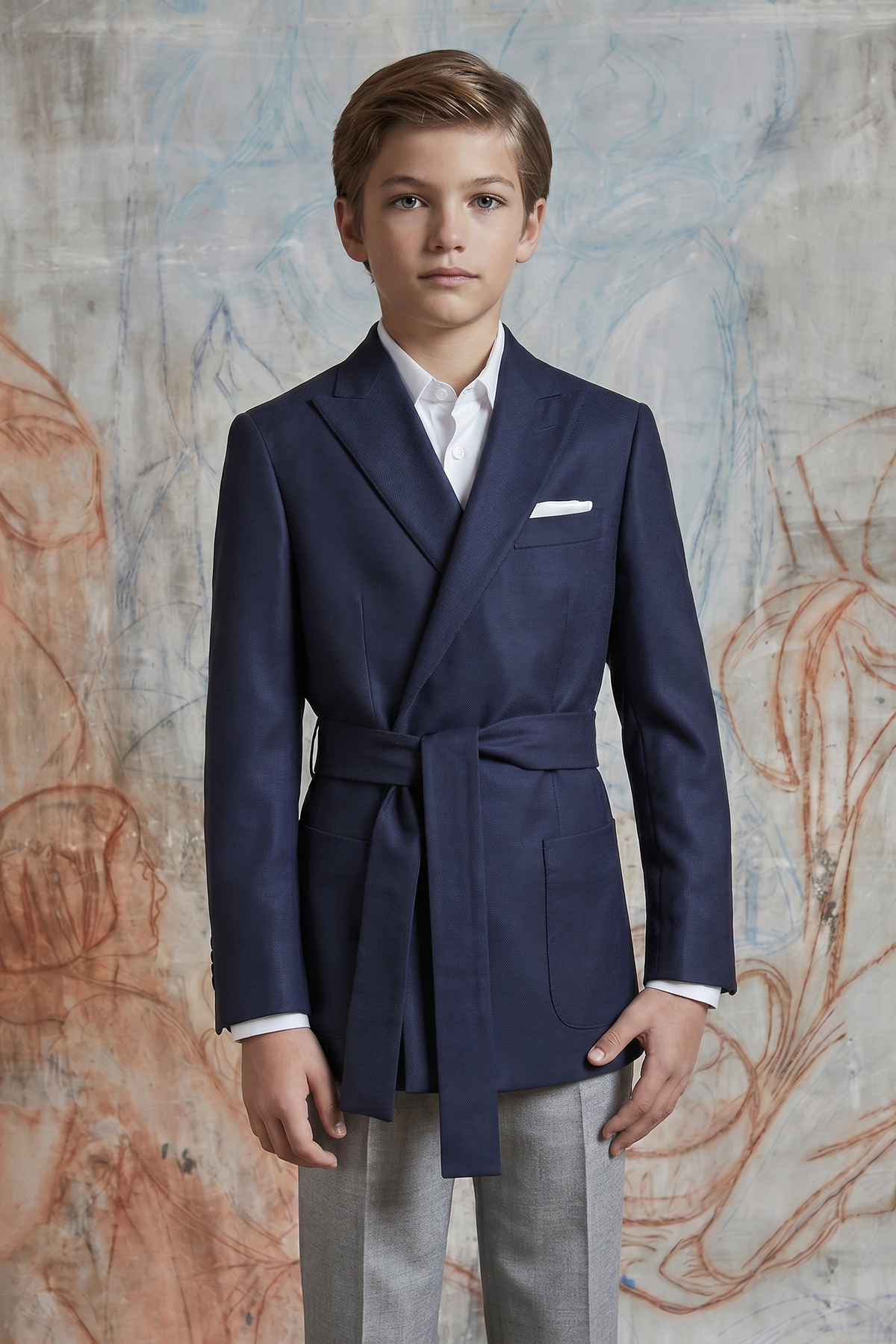 Navy Blue And Gray Cotton Linen Belted 2-Piece Suit