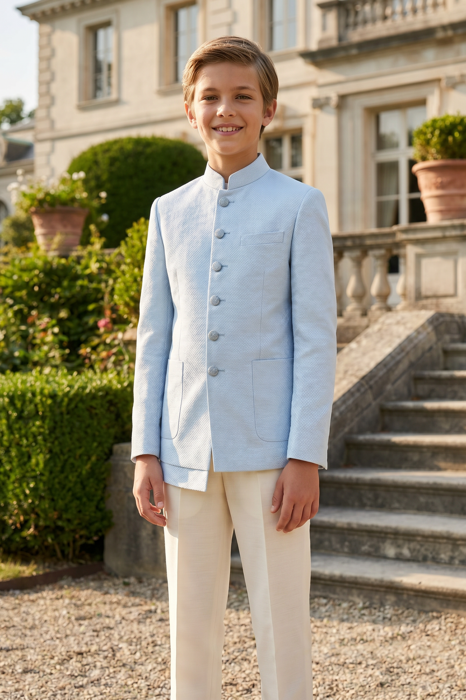 Light Blue And Apricot Cotton Linen Single-Breasted 2-Piece Suit