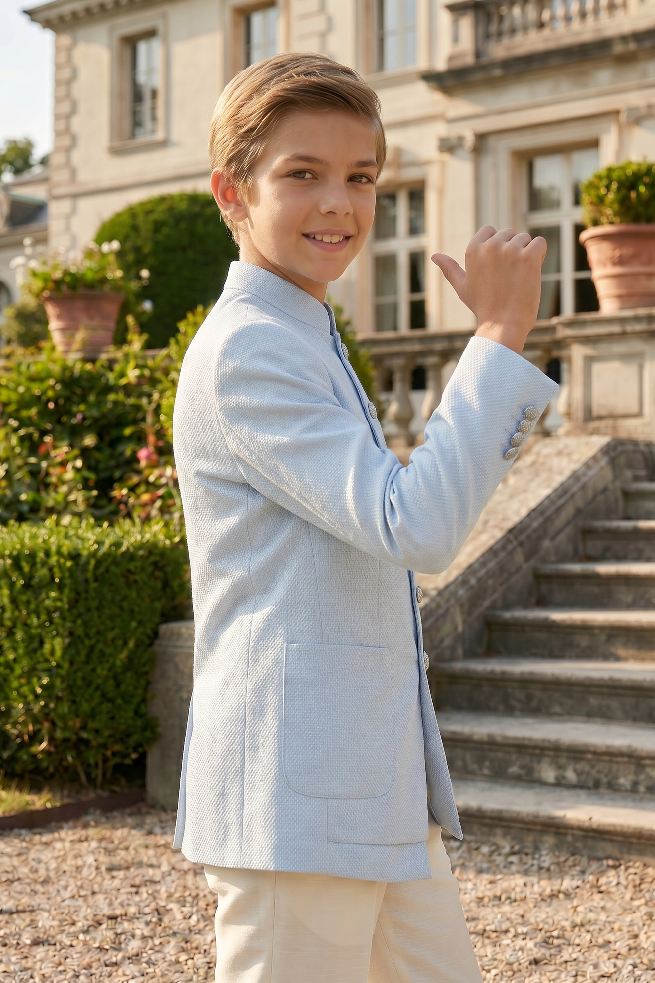 Light Blue And Apricot Cotton Linen Single-Breasted 2-Piece Suit