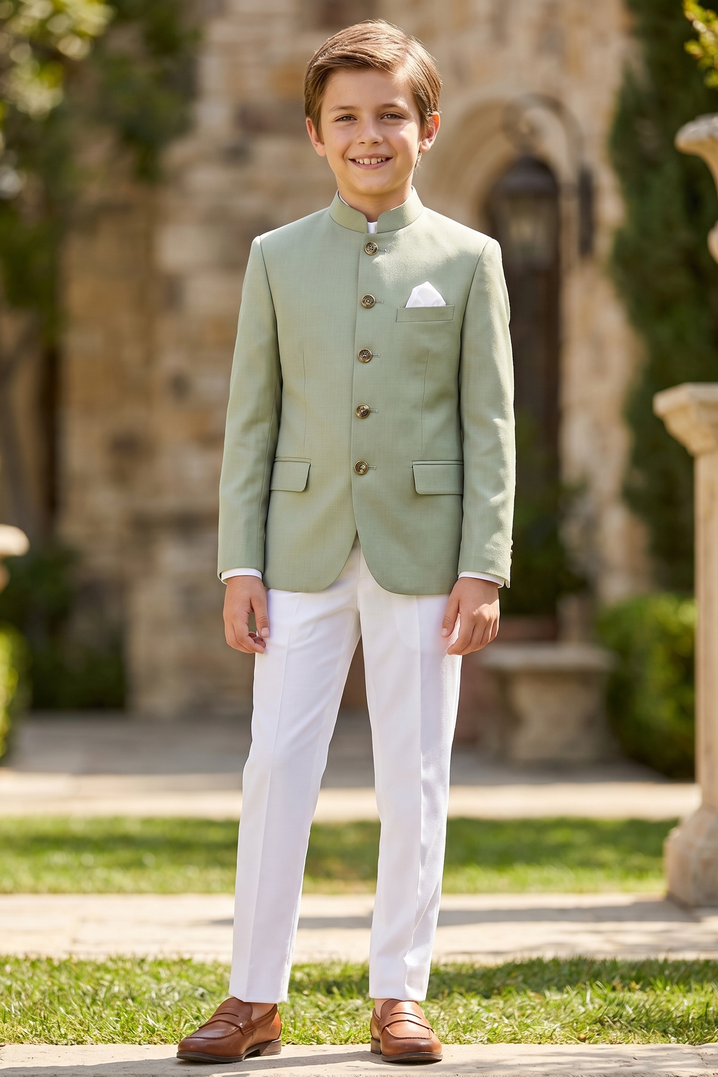 Light Green And White Cotton Linen Single-Breasted 2-Piece Suit