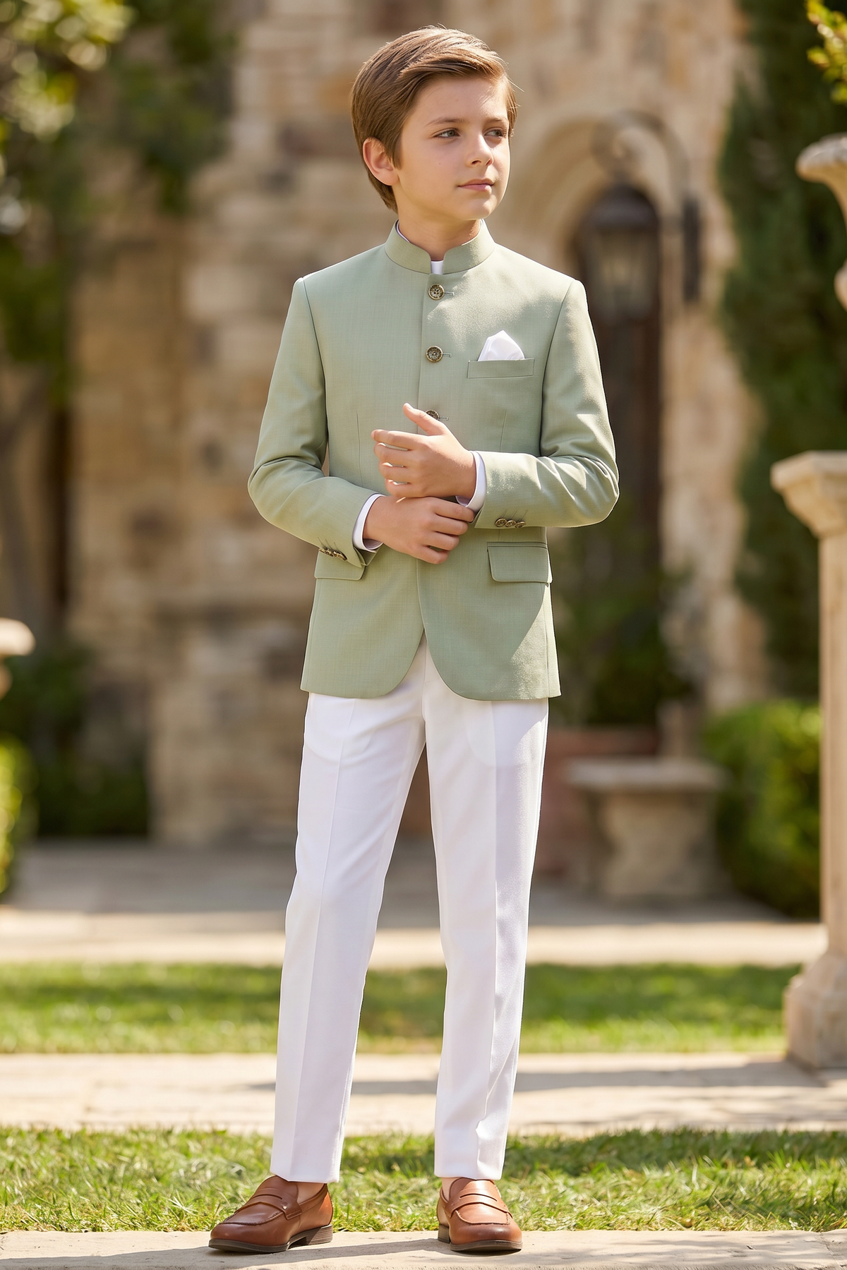Light Green And White Cotton Linen Single-Breasted 2-Piece Suit