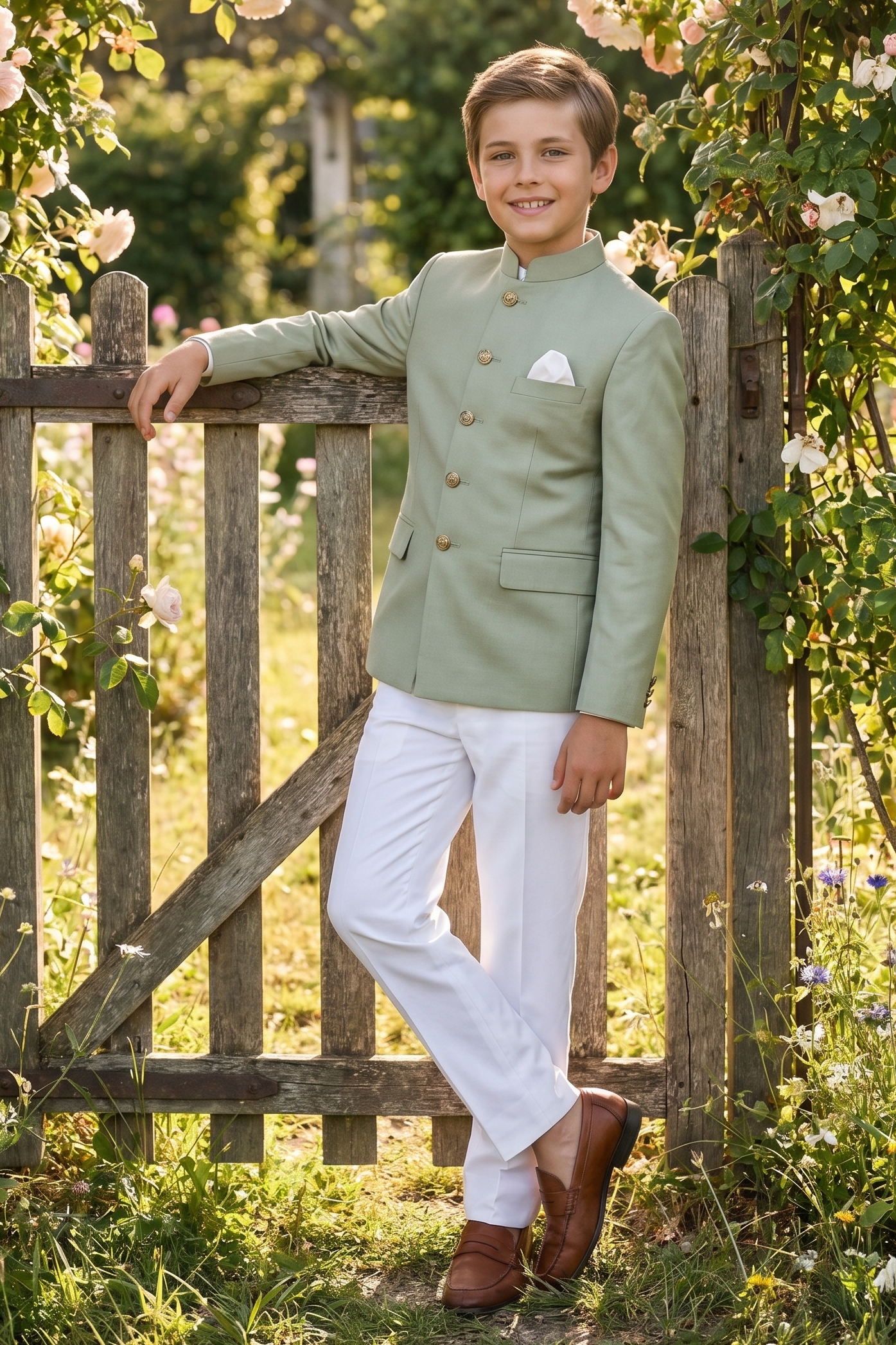 Light Green And White Cotton Linen Single-Breasted 2-Piece Suit