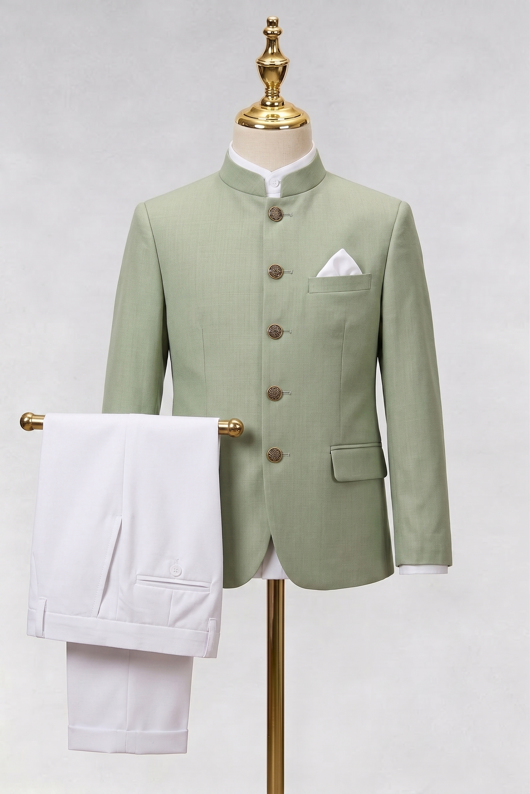 Light Green And White Cotton Linen Single-Breasted 2-Piece Suit