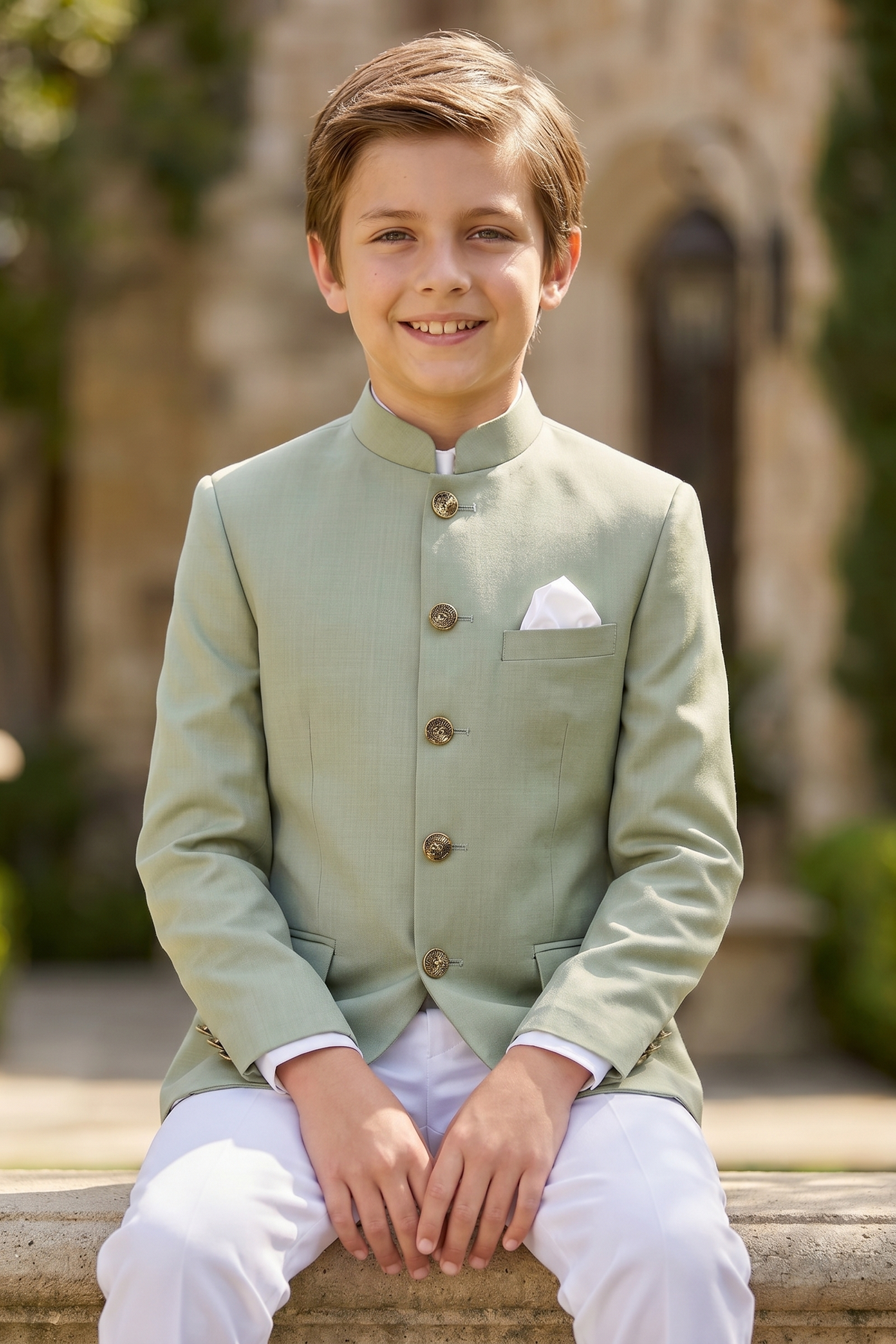 Light Green And White Cotton Linen Single-Breasted 2-Piece Suit