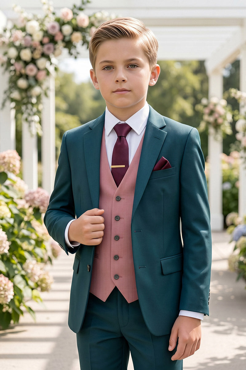Boys Teal & Pink 3-Piece Suit for Weddings & Formal Events