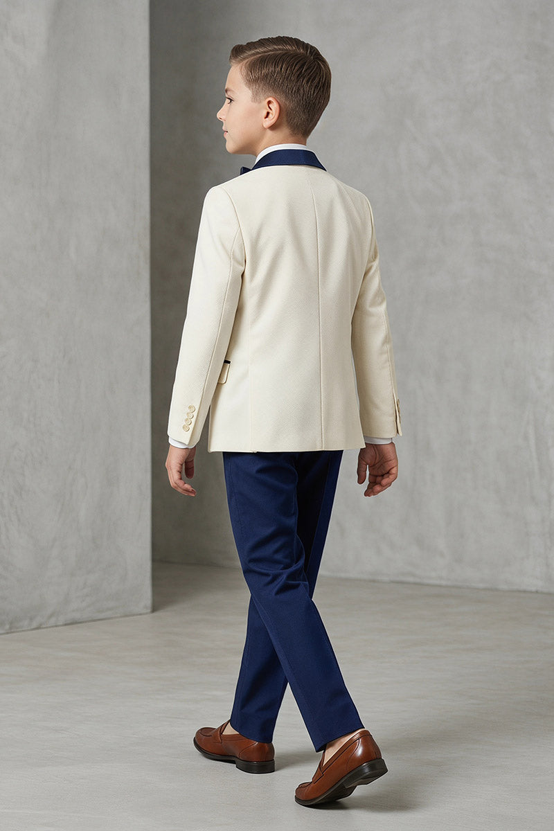 Boys Cream & Navy Tuxedo 3-Piece Suit for Weddings & Formal Events