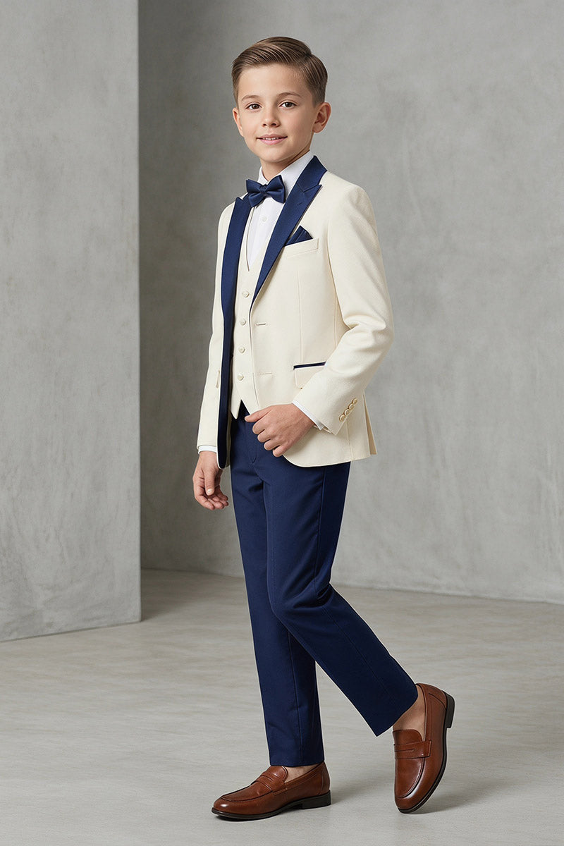 Boys Cream & Navy Tuxedo 3-Piece Suit for Weddings & Formal Events