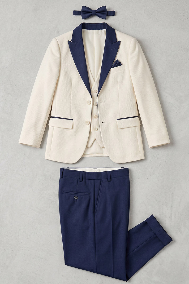 Boys Cream & Navy Tuxedo 3-Piece Suit for Weddings & Formal Events