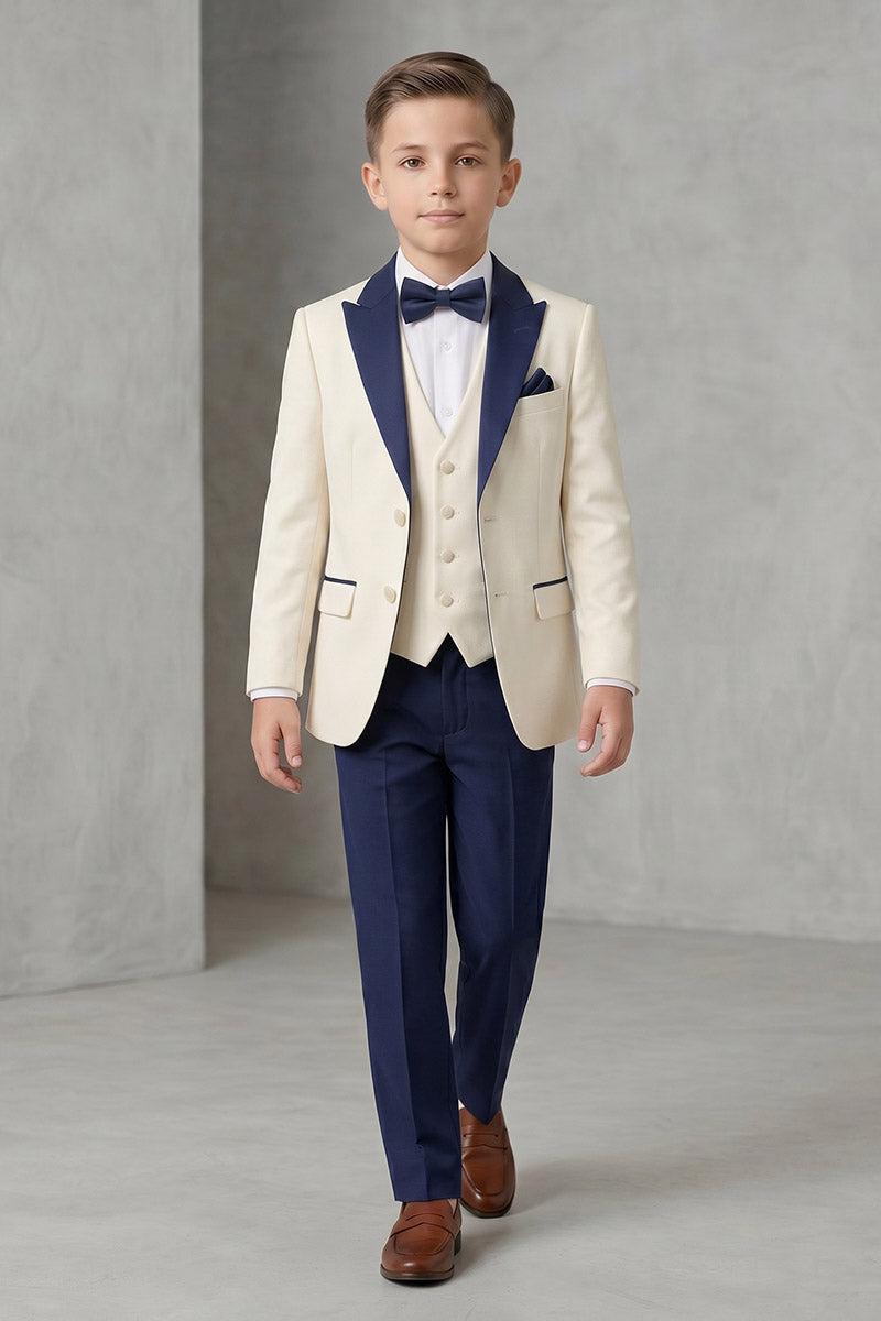 Boys Cream & Navy Tuxedo 3-Piece Suit for Weddings & Formal Events