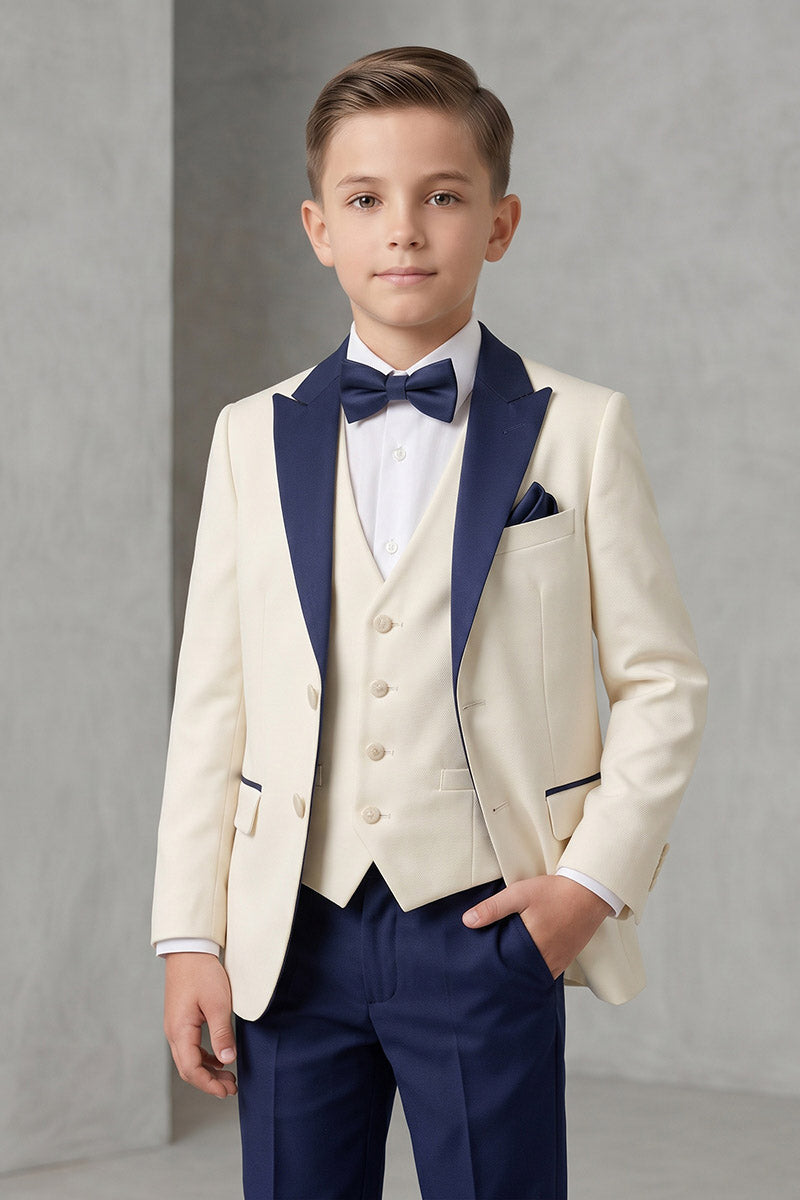 Boys Cream & Navy Tuxedo 3-Piece Suit for Weddings & Formal Events